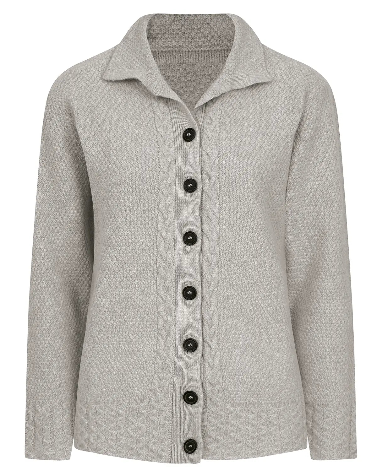 Ladies’ Pure Shetland Wool Cable Cardigan – Silver-Tactilefable