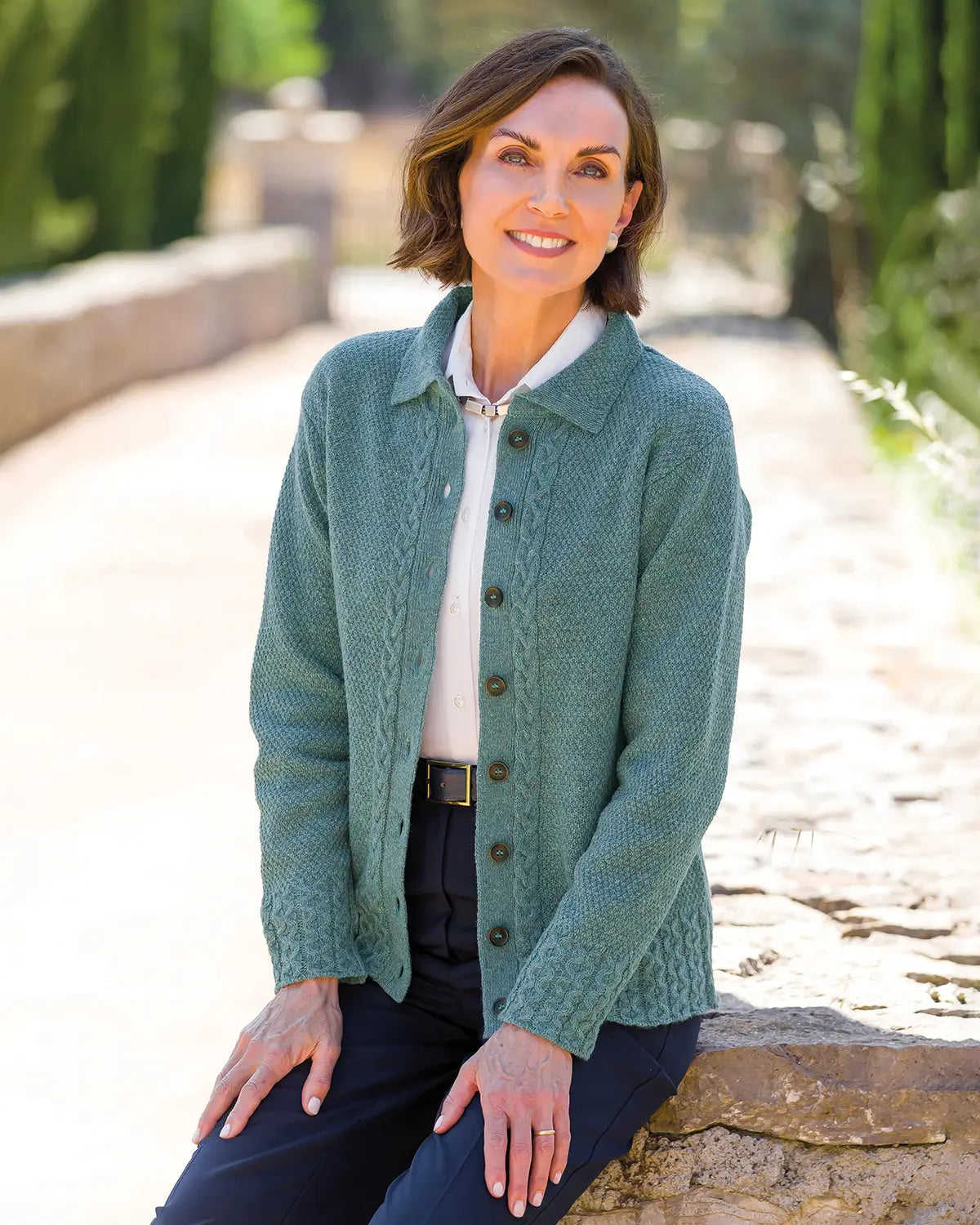 Ladies’ Pure Shetland Wool Cable Cardigan – Teal-Tactilefable