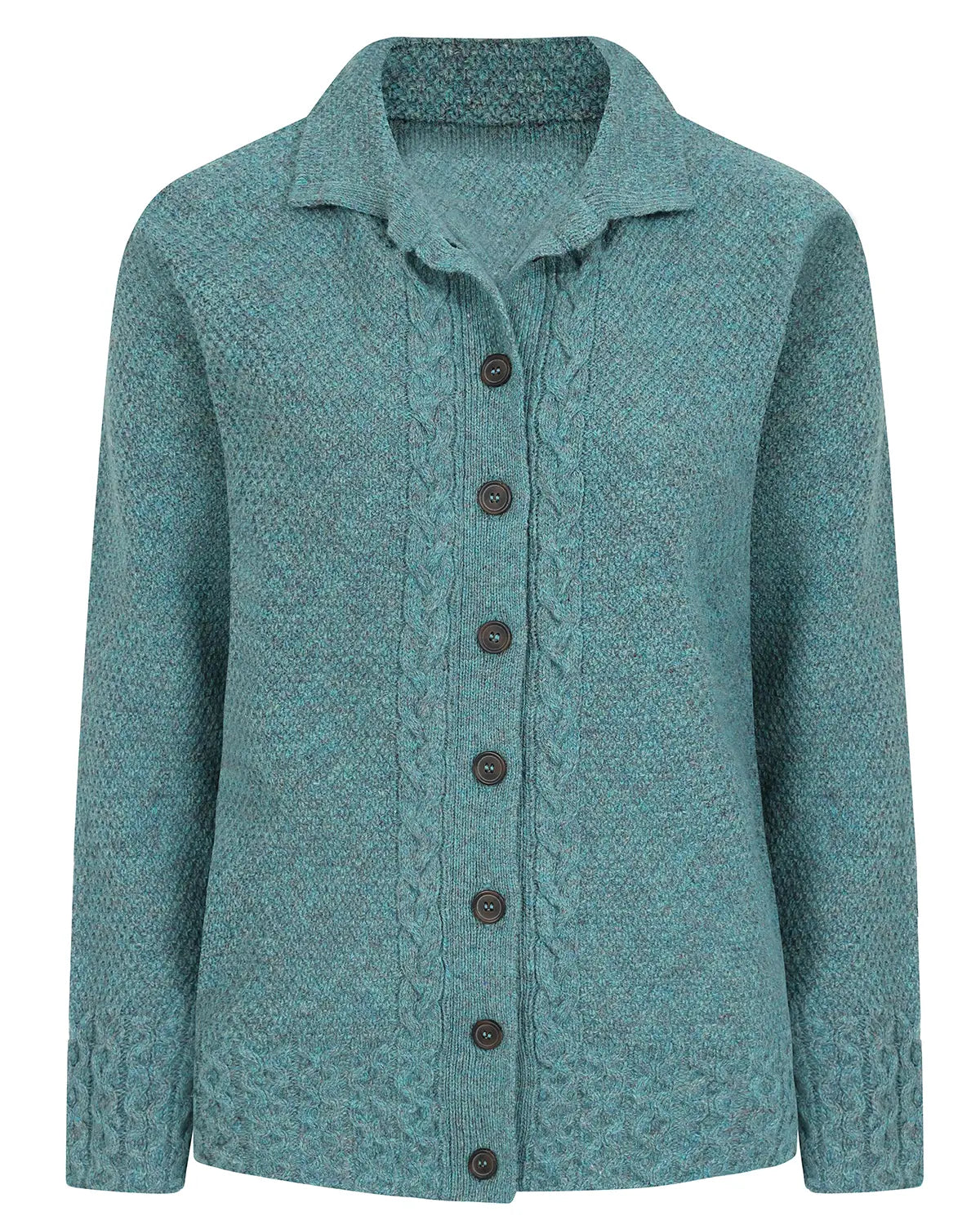 Ladies’ Pure Shetland Wool Cable Cardigan – Teal-Tactilefable