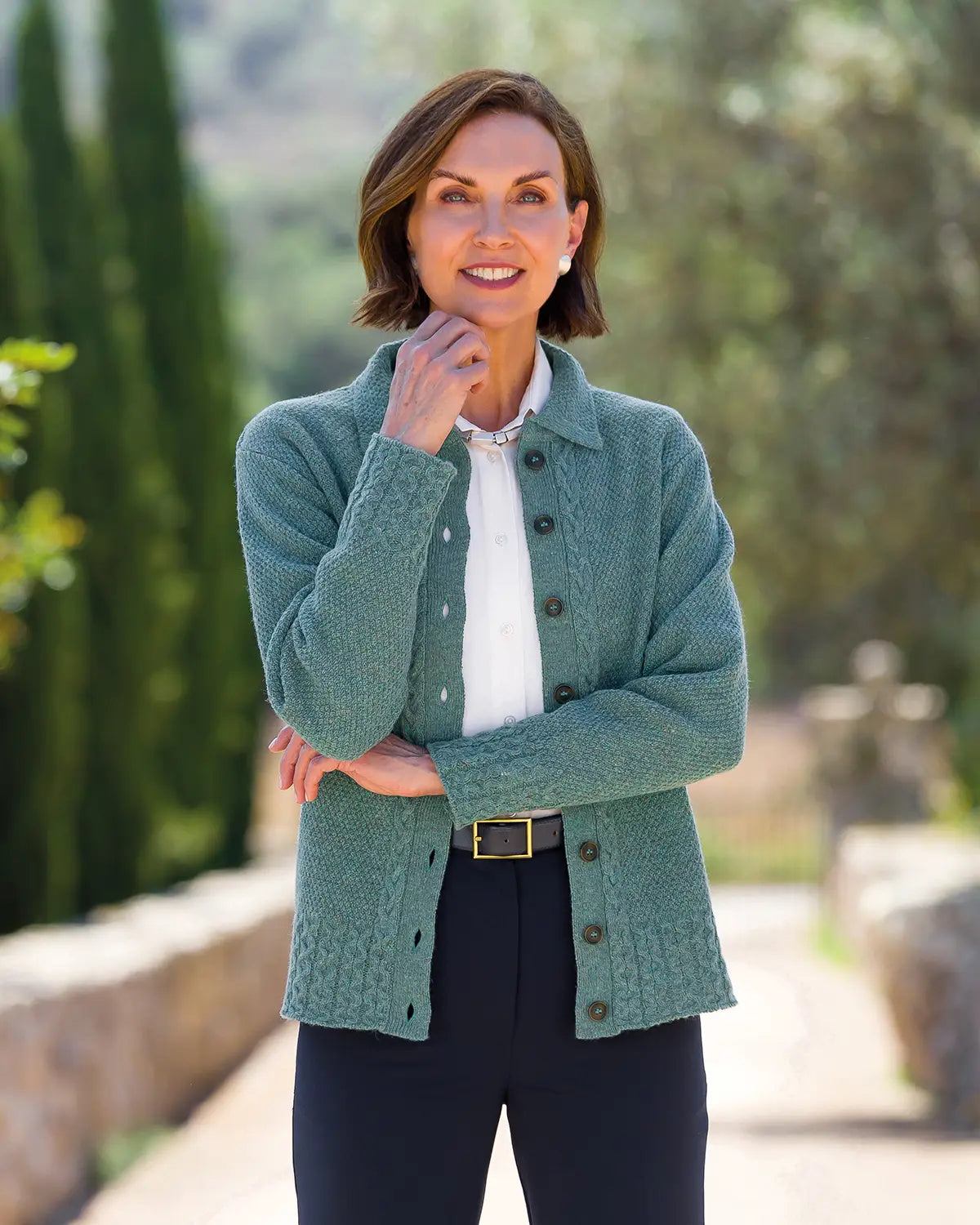 Ladies’ Pure Shetland Wool Cable Cardigan – Teal-Tactilefable