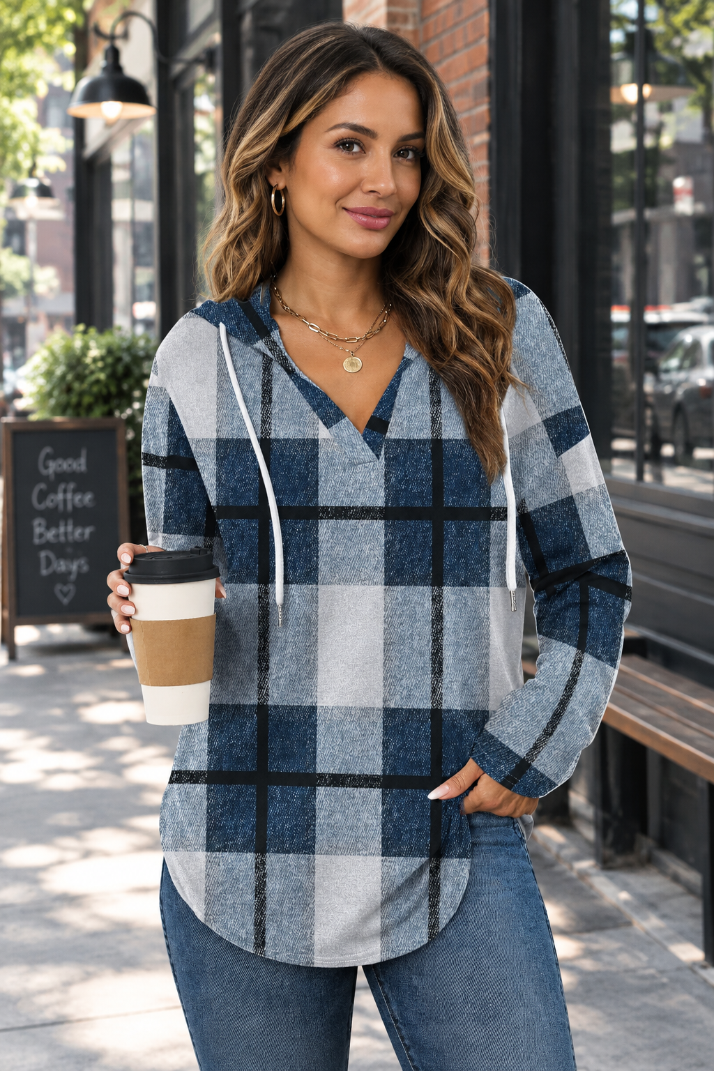 Women Plaid Hooded Long Sleeve Tunic Top, V Neck Drawstring Loose Casual Blouse-Tactilefable