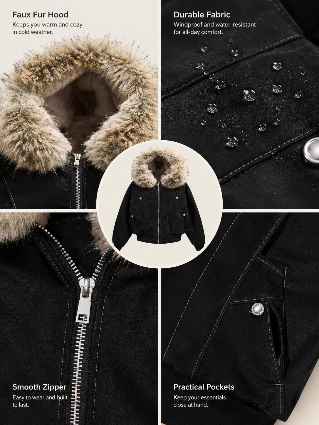 Faux Fur Lined Waterproof Bomber Jacket With Faux Fur Collar Hood, Elegant And Sophisticated,Enhances Warmth, Providing A Soft,Beautiful And Warm-TACTILEFABLE