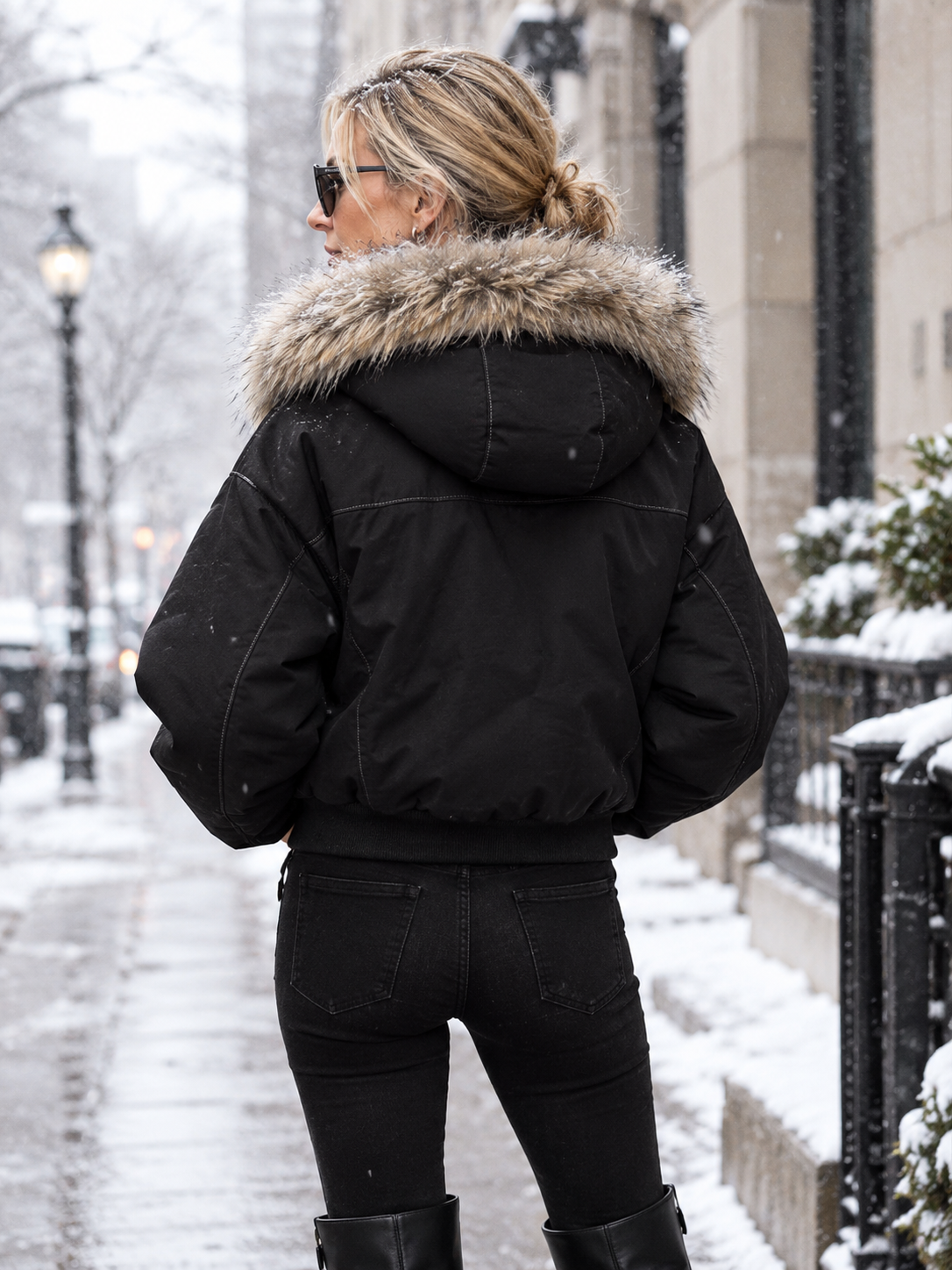 Faux Fur Lined Waterproof Bomber Jacket With Faux Fur Collar Hood, Elegant And Sophisticated,Enhances Warmth, Providing A Soft,Beautiful And Warm-TACTILEFABLE
