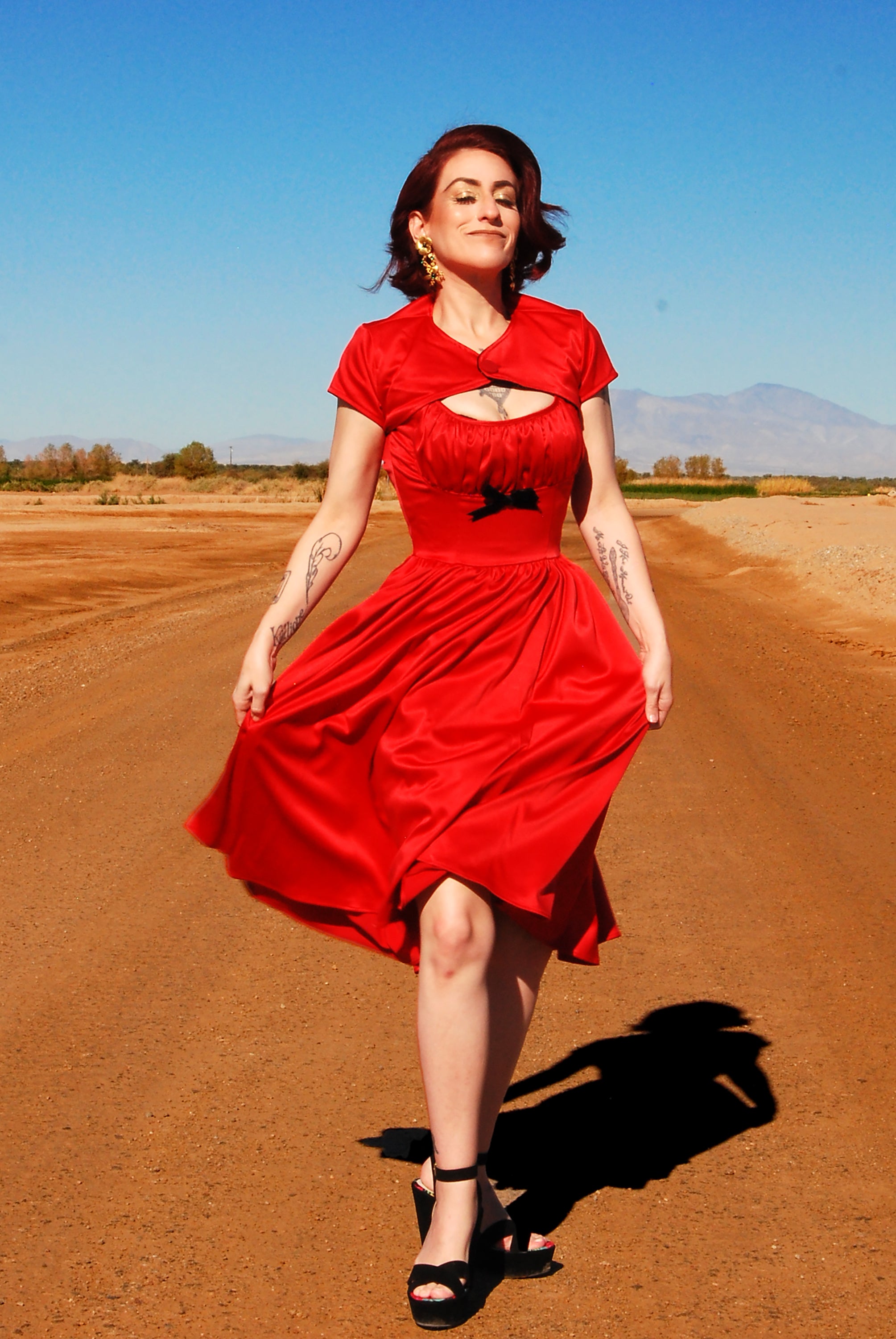 Evelyn Vintage Cocktail Dress in Red Bridal Satin-Tactilefable