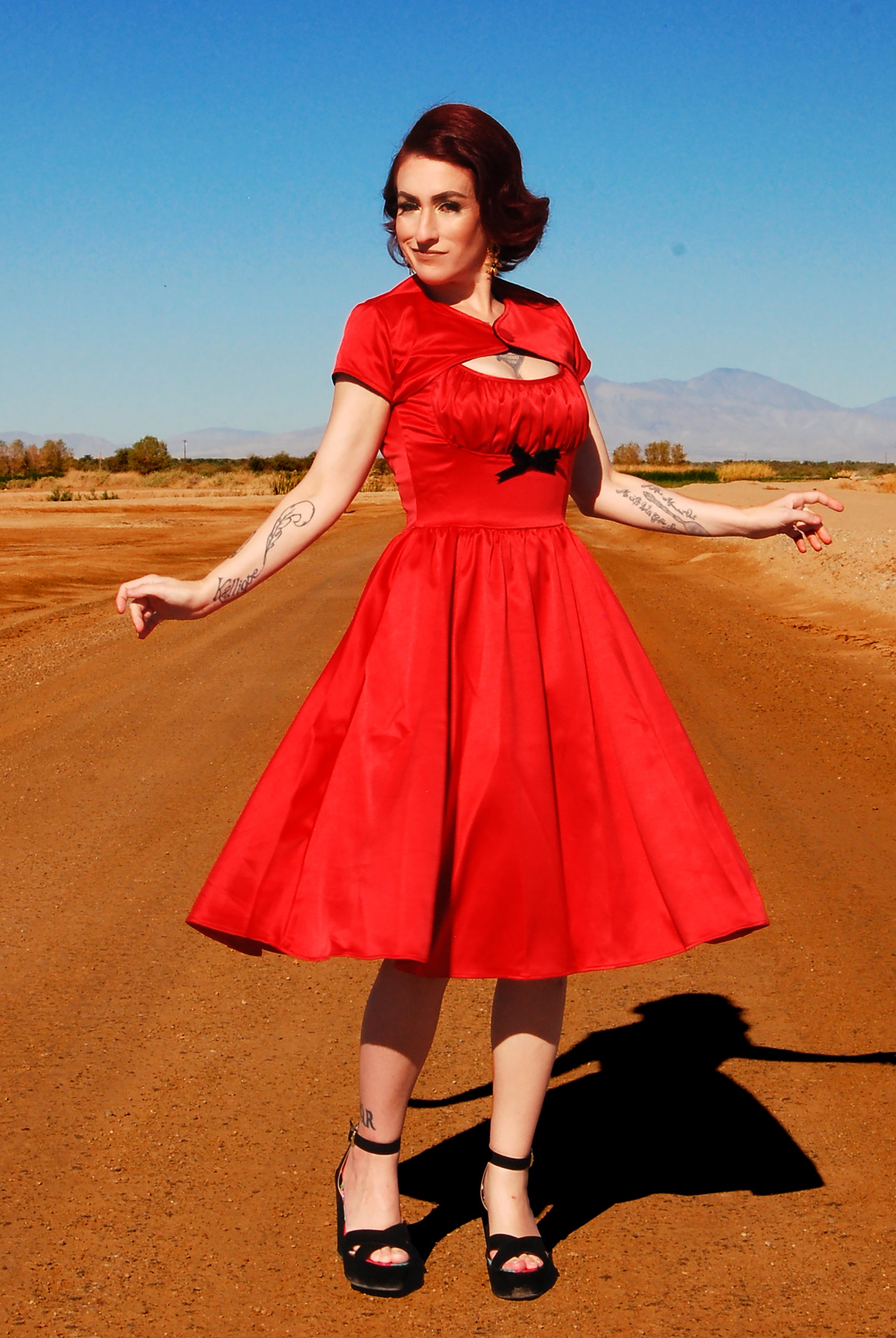 Evelyn Vintage Cocktail Dress in Red Bridal Satin-Tactilefable