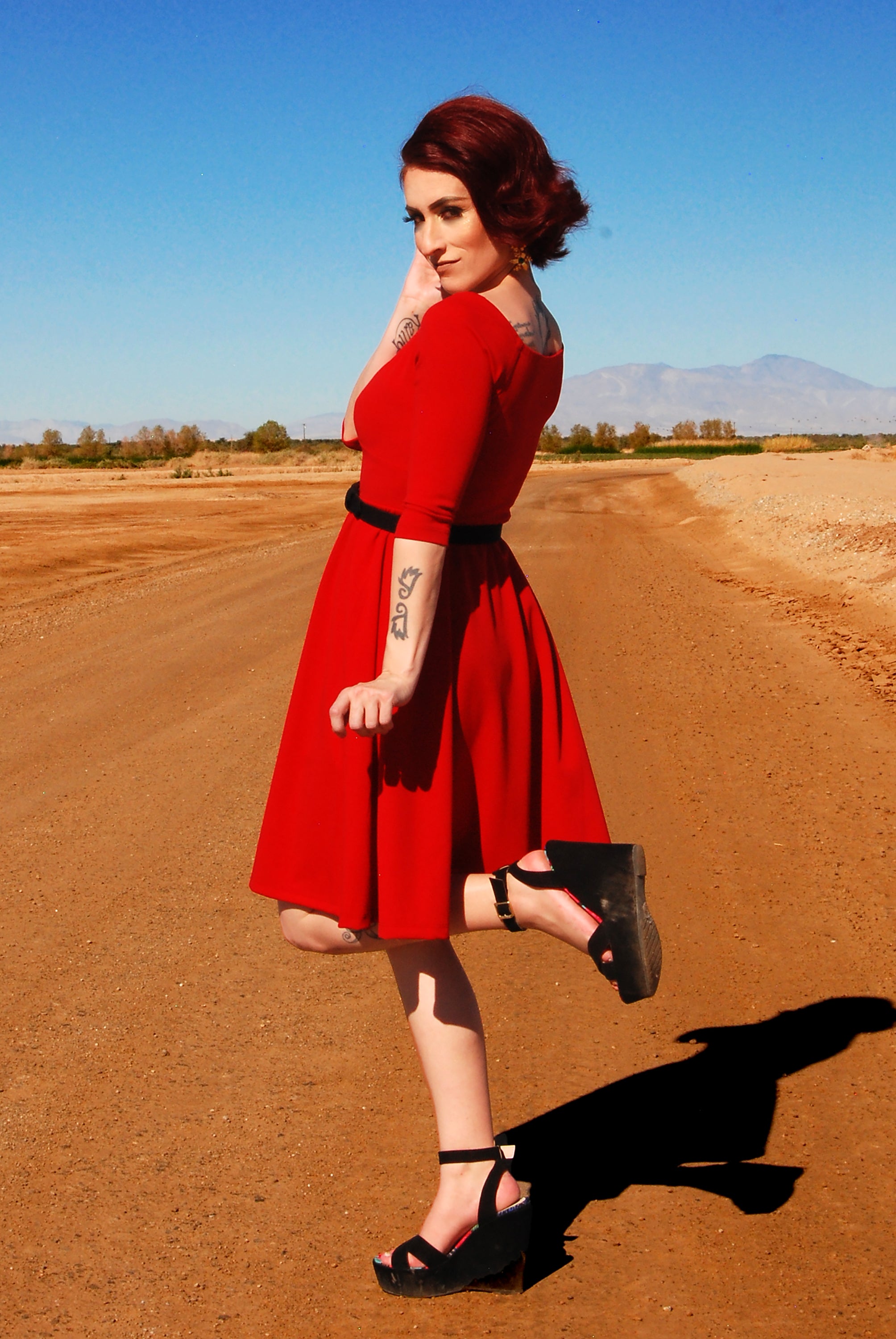 Kayla Swing Dress in Red Scuba Crepe | Deadly Dames-Tactilefable