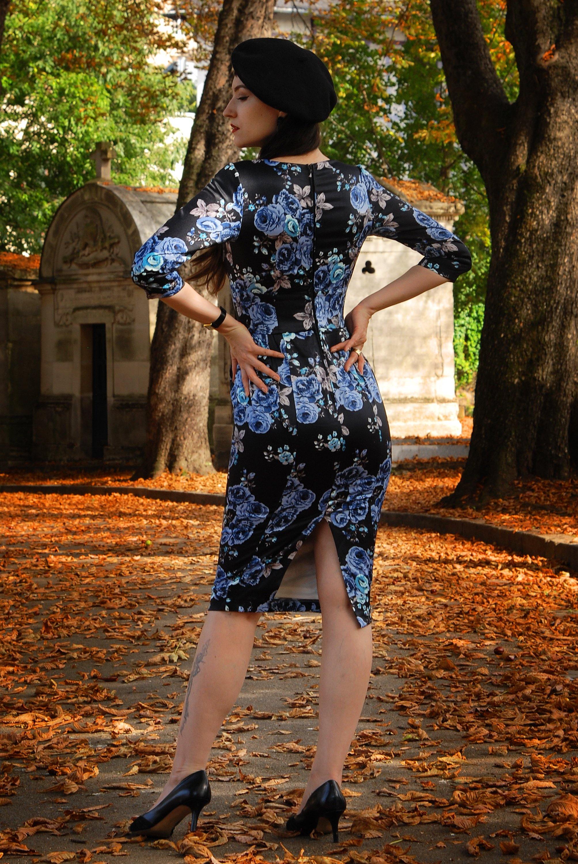 Mona Vintage Vamp Wiggle Dress in Gothic Blue Roses Satin | Pinup Couture-Tactilefable