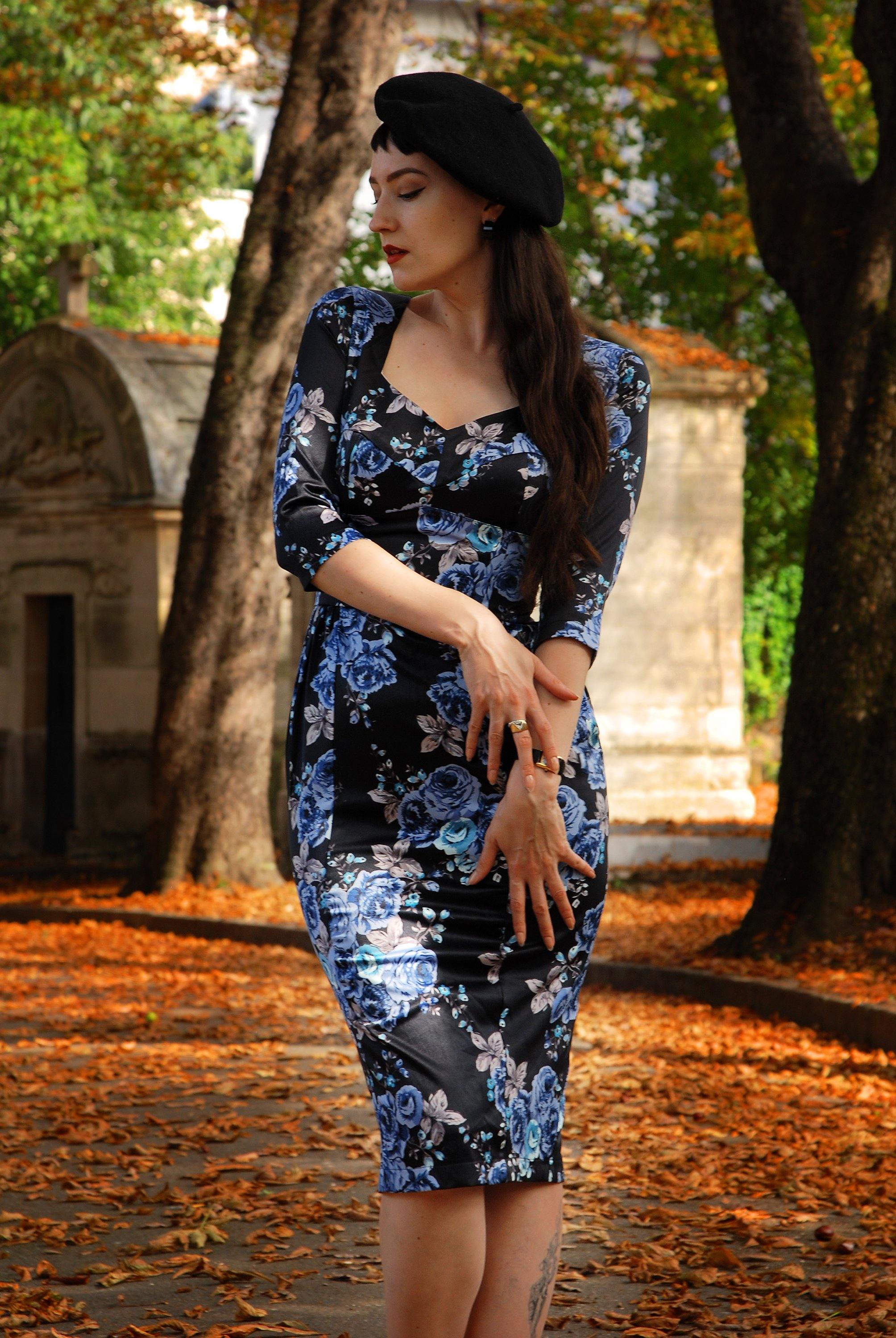 Mona Vintage Vamp Wiggle Dress in Gothic Blue Roses Satin | Pinup Couture-Tactilefable