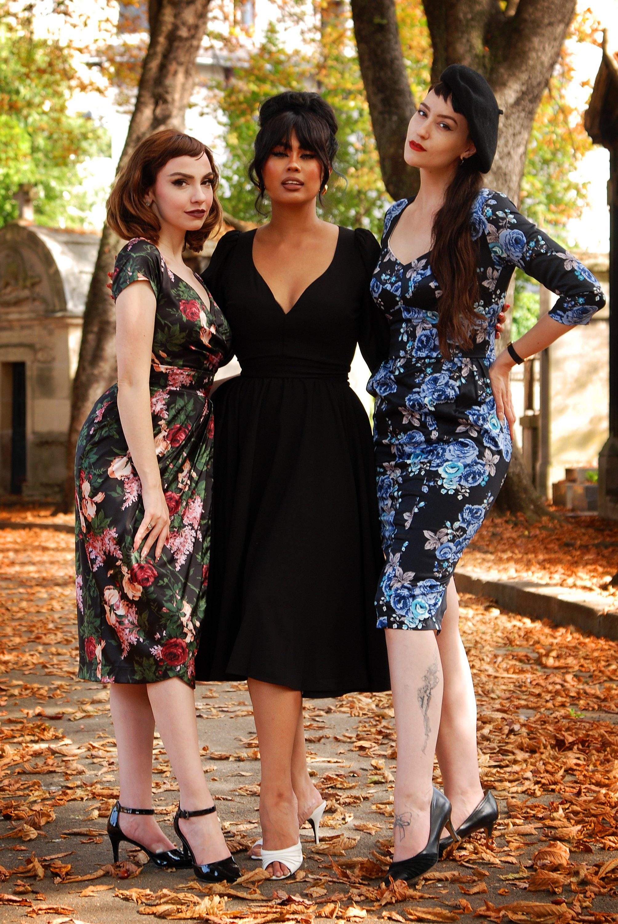 Mona Vintage Vamp Wiggle Dress in Gothic Blue Roses Satin | Pinup Couture-Tactilefable