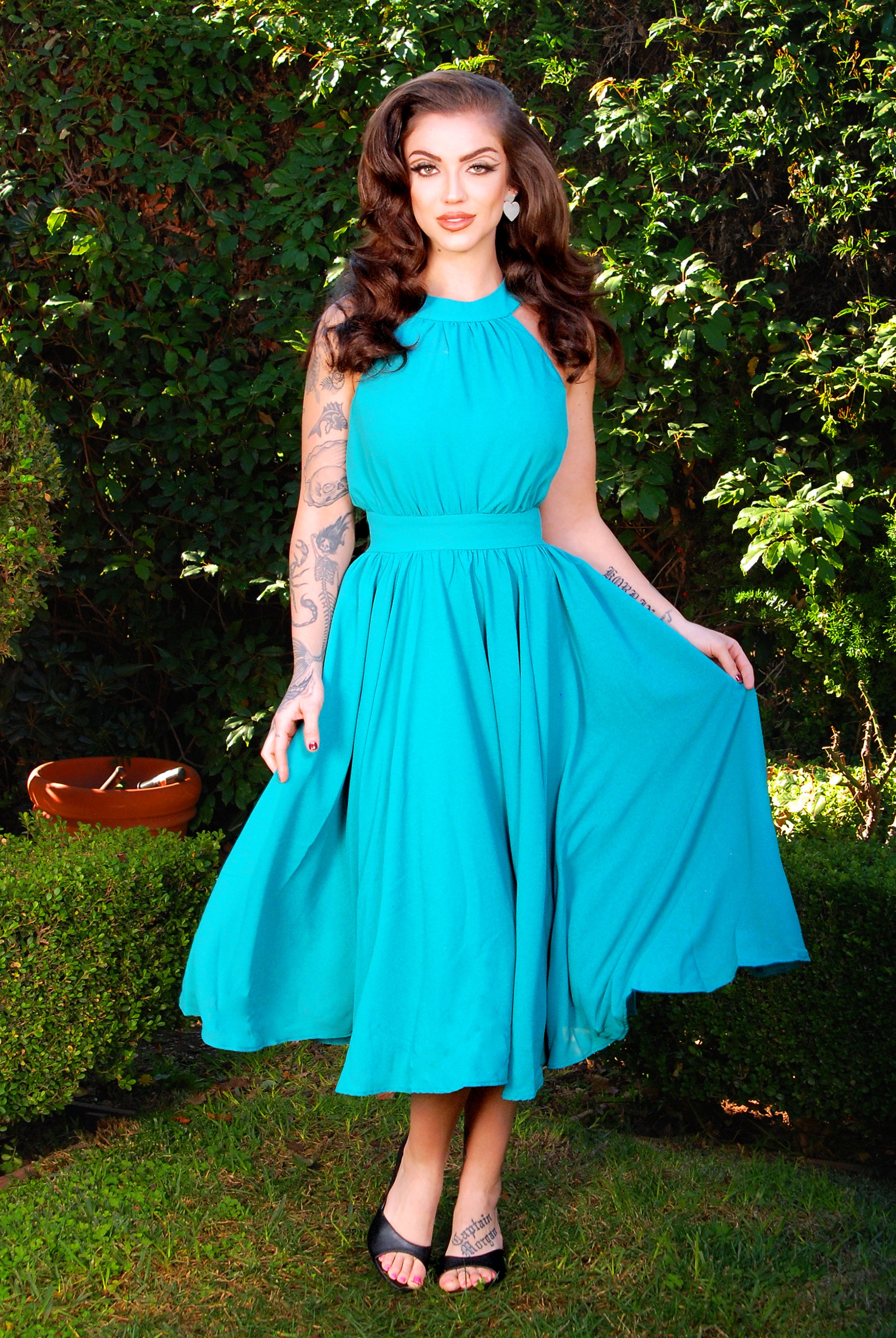 Maybelle Gathered Swing Dress in Solid Jade | Laura Byrnes-Tactilefable