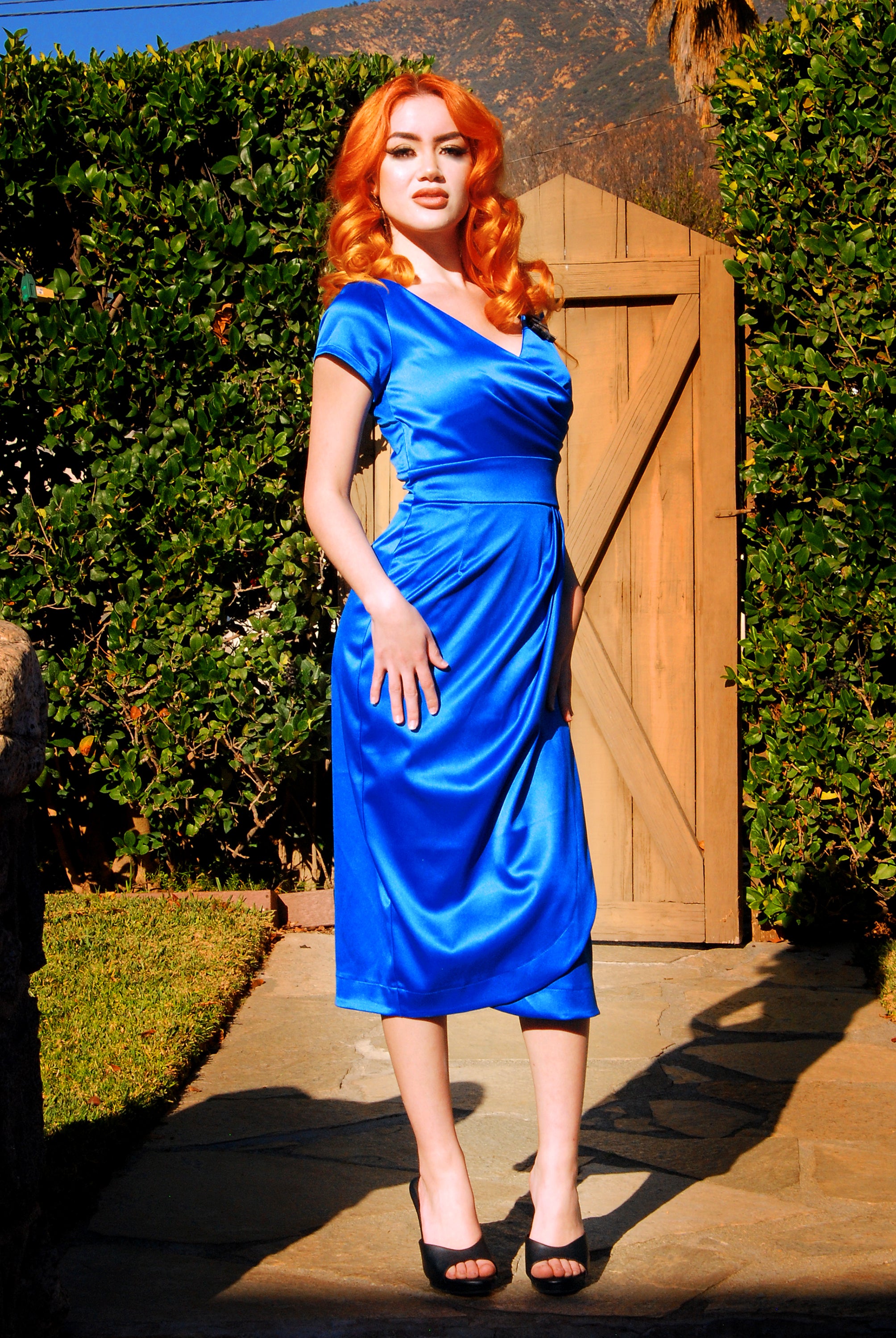 Ava Faux Wrap Wiggle Dress in Royal Blue Satin | Pinup Couture-Tactilefable