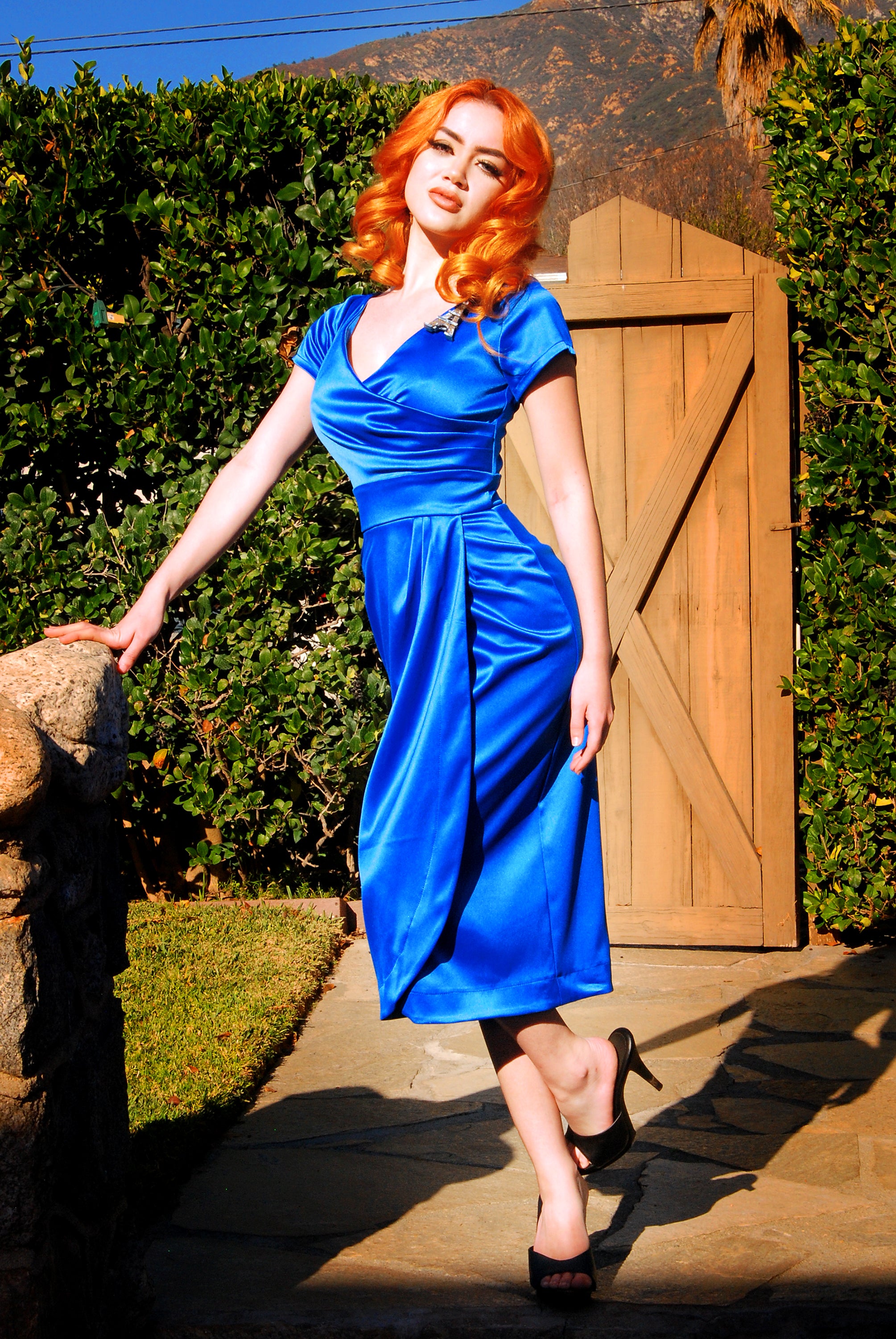 Ava Faux Wrap Wiggle Dress in Royal Blue Satin | Pinup Couture-Tactilefable