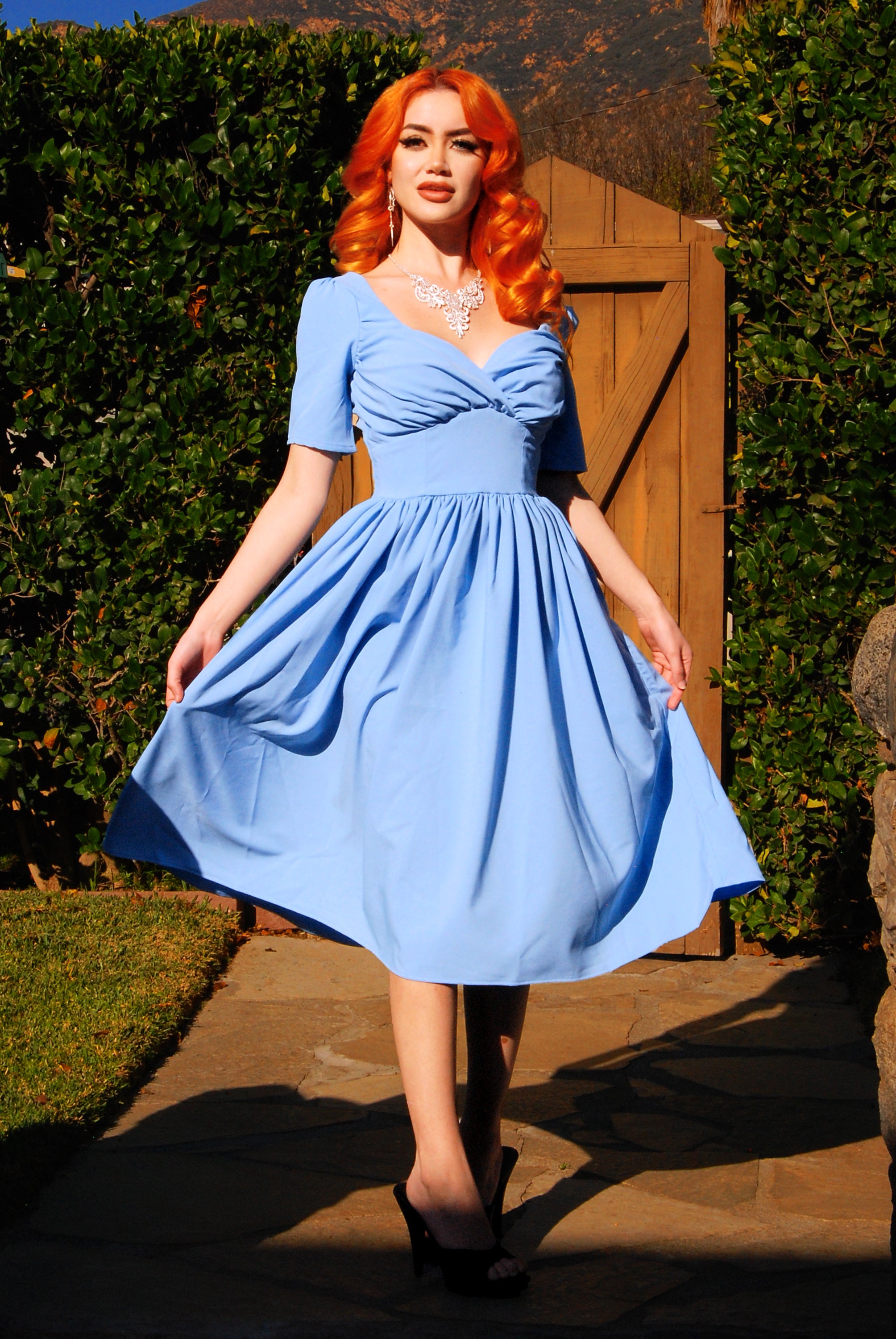 Paige Swing Dress in Chambray Poly Crepe | Pinup Couture-Tactilefable