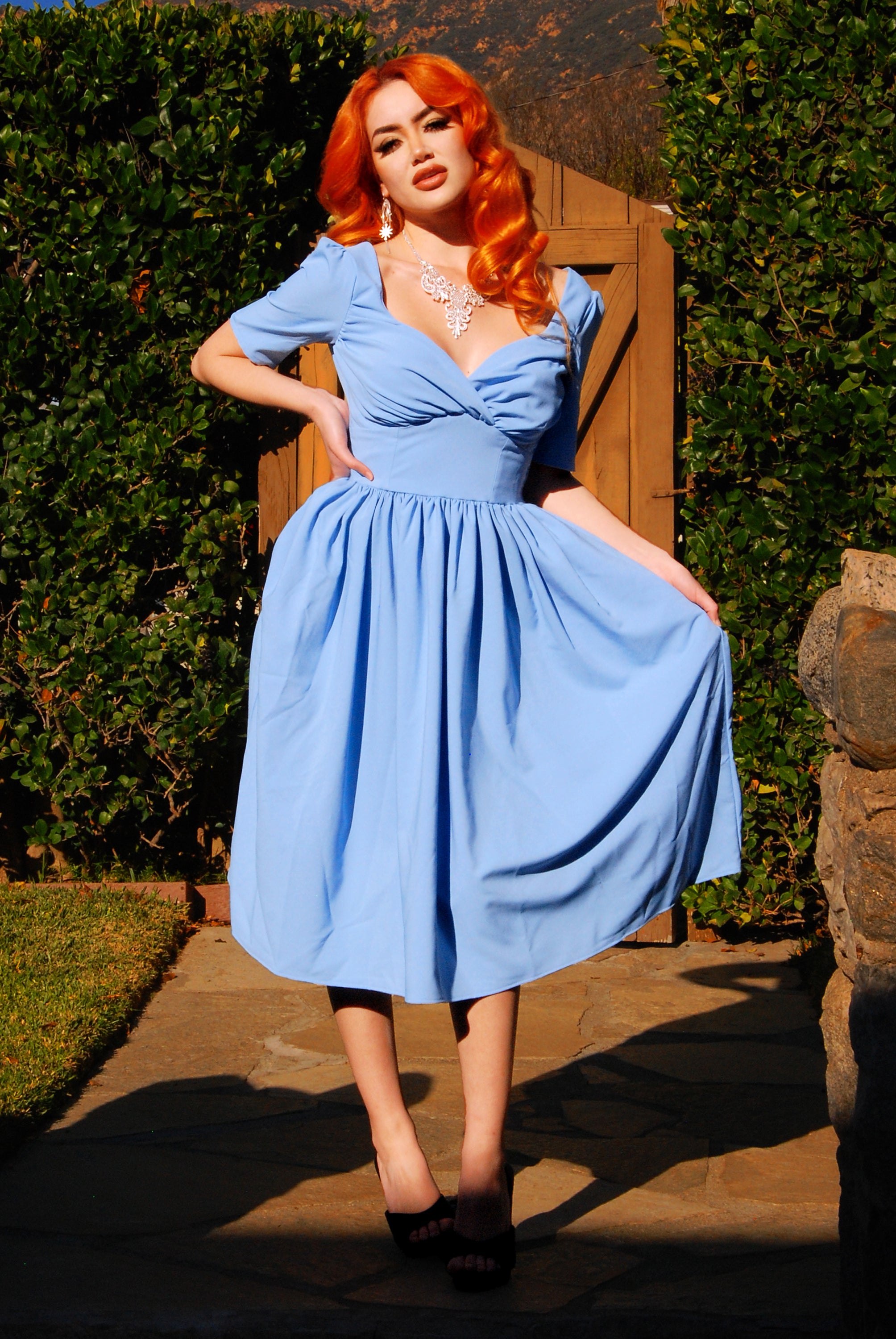 Paige Swing Dress in Chambray Poly Crepe | Pinup Couture-Tactilefable