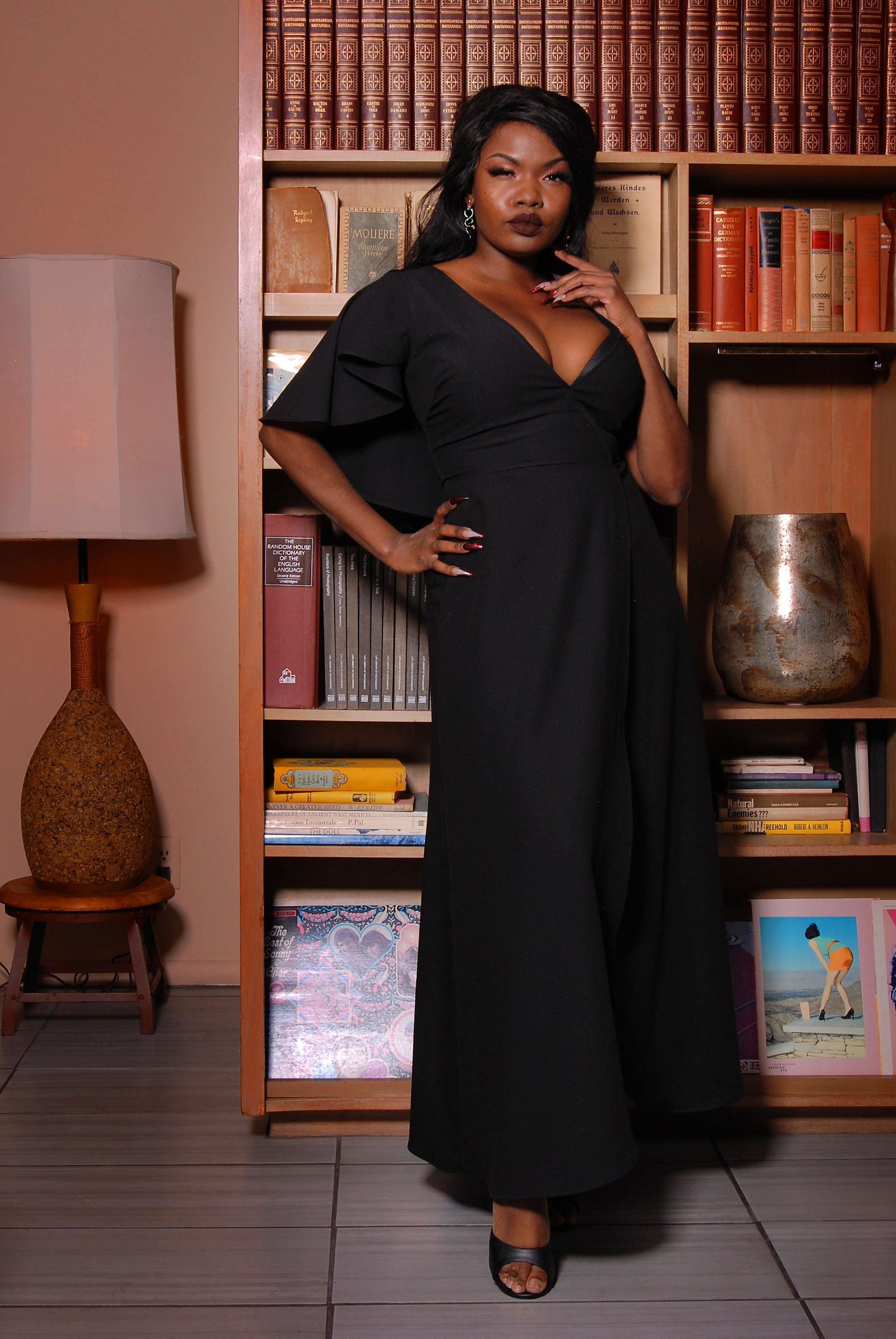 Ashley 70s Faux Wrap Maxi Dress with Cape Sleeves in Black Poly Crepe | Laura Byrnes-Tactilefable