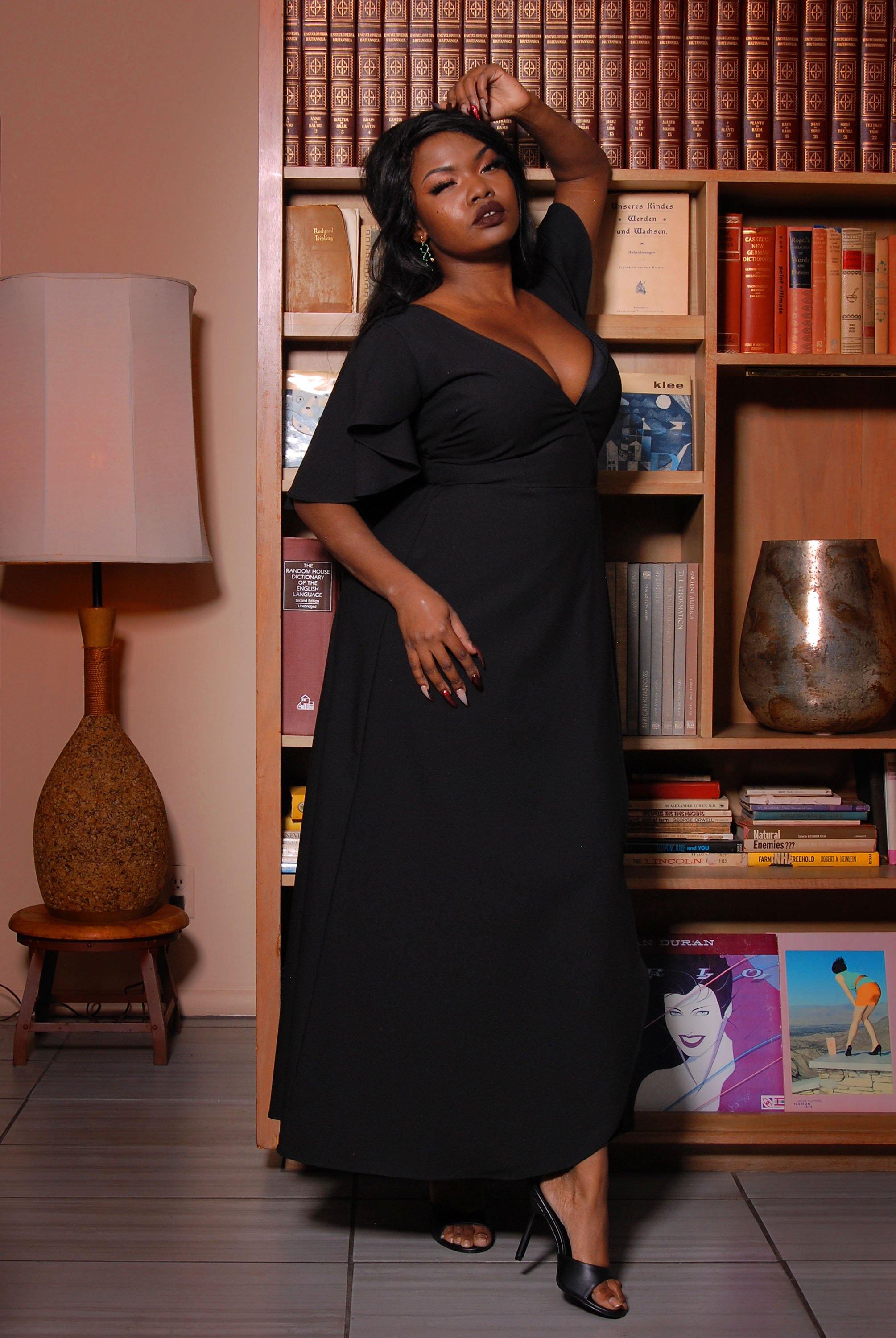 Ashley 70s Faux Wrap Maxi Dress with Cape Sleeves in Black Poly Crepe | Laura Byrnes-Tactilefable