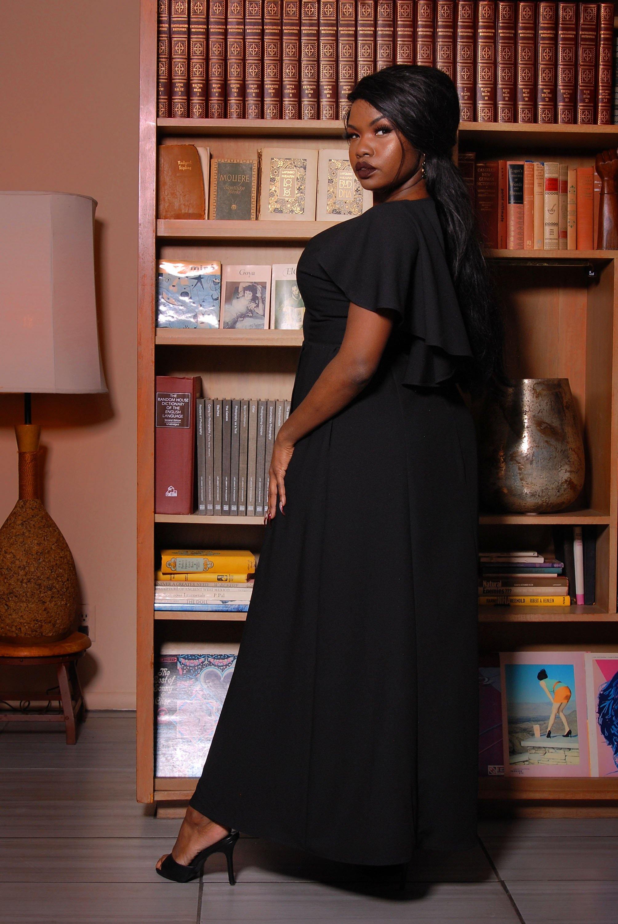 Ashley 70s Faux Wrap Maxi Dress with Cape Sleeves in Black Poly Crepe | Laura Byrnes-Tactilefable