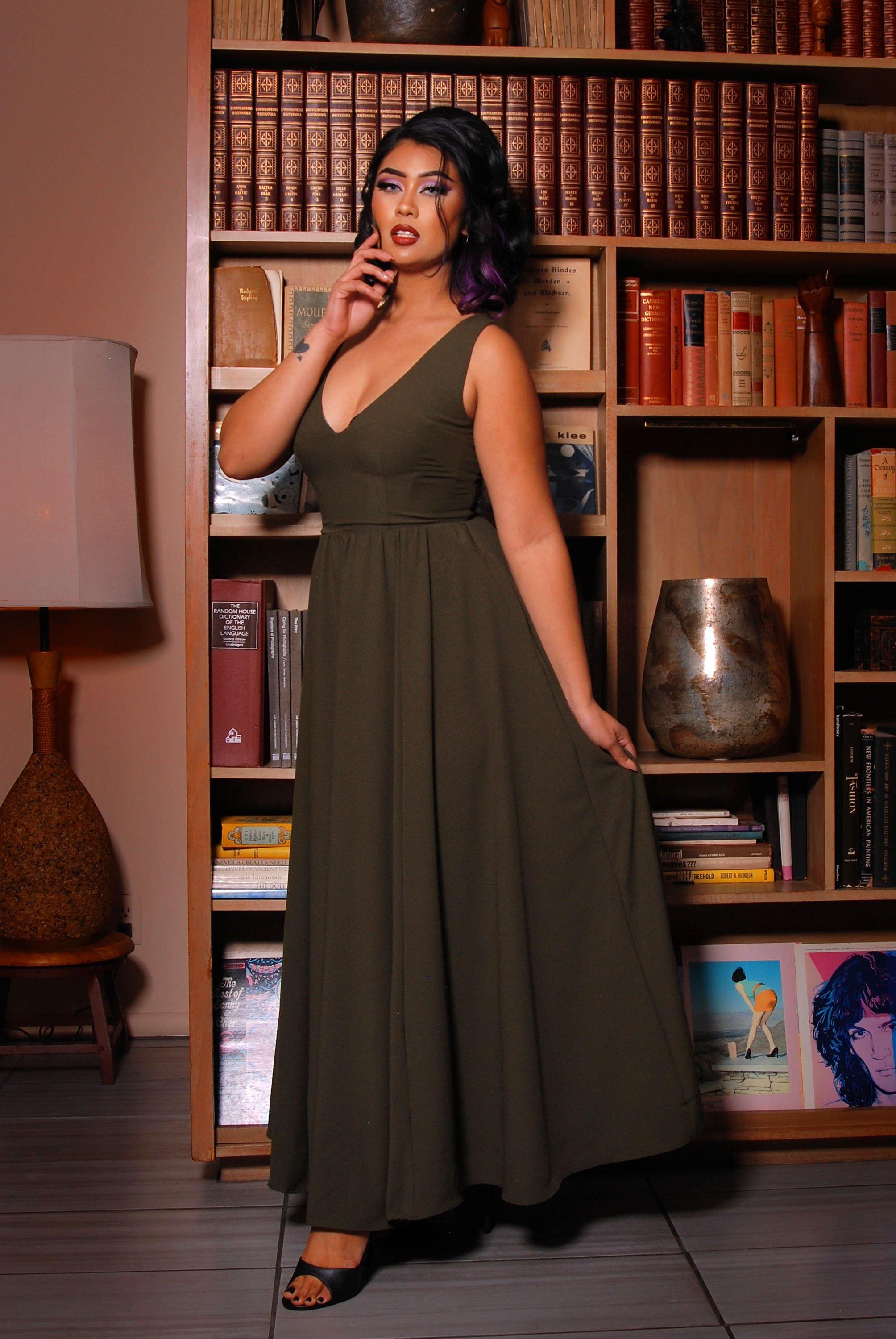 Tara Deep V-Neck 70s Maxi Dress in Solid Olive Stretch Crepe | Laura Byrnes-Tactilefable