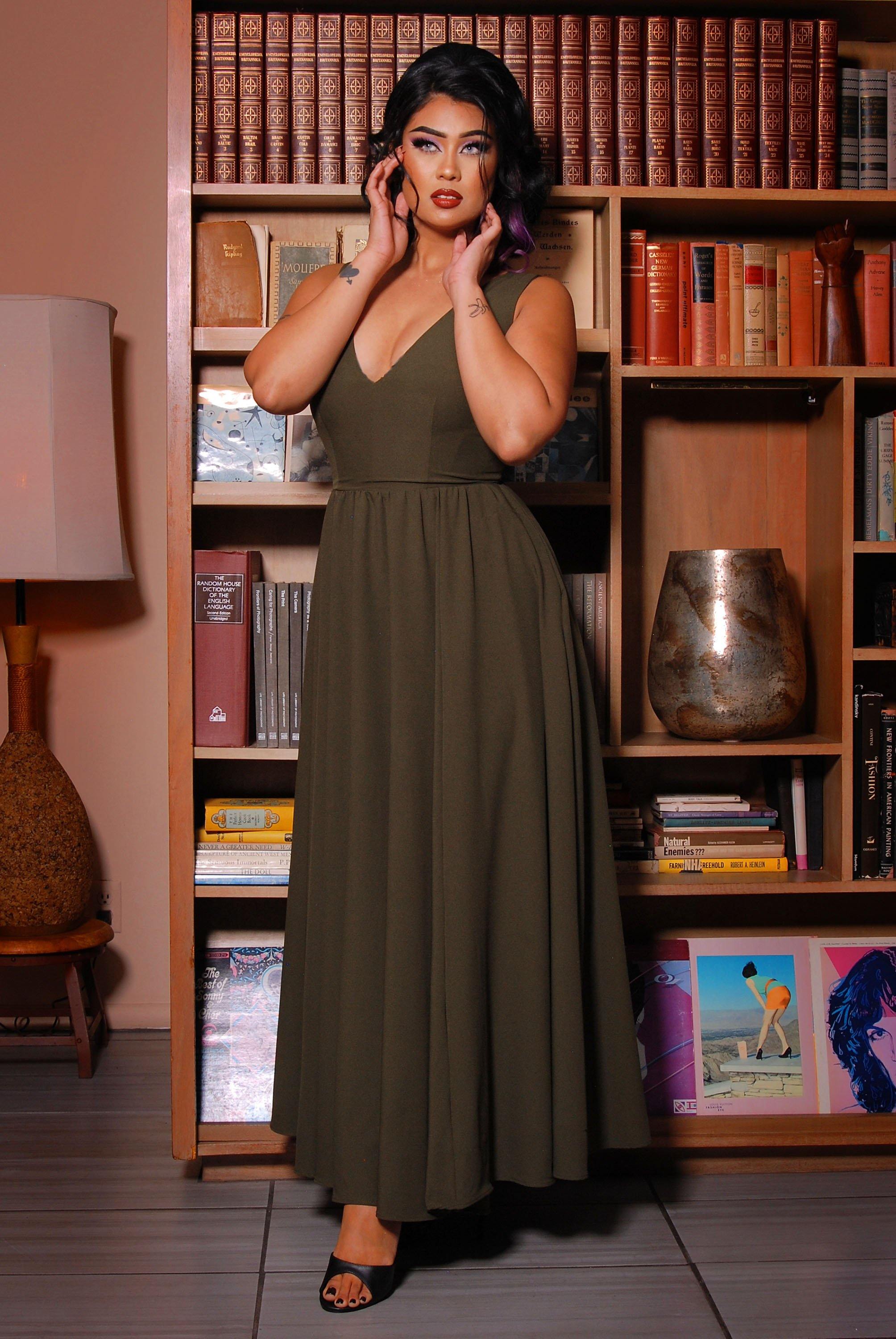 Tara Deep V-Neck 70s Maxi Dress in Solid Olive Stretch Crepe | Laura Byrnes-Tactilefable