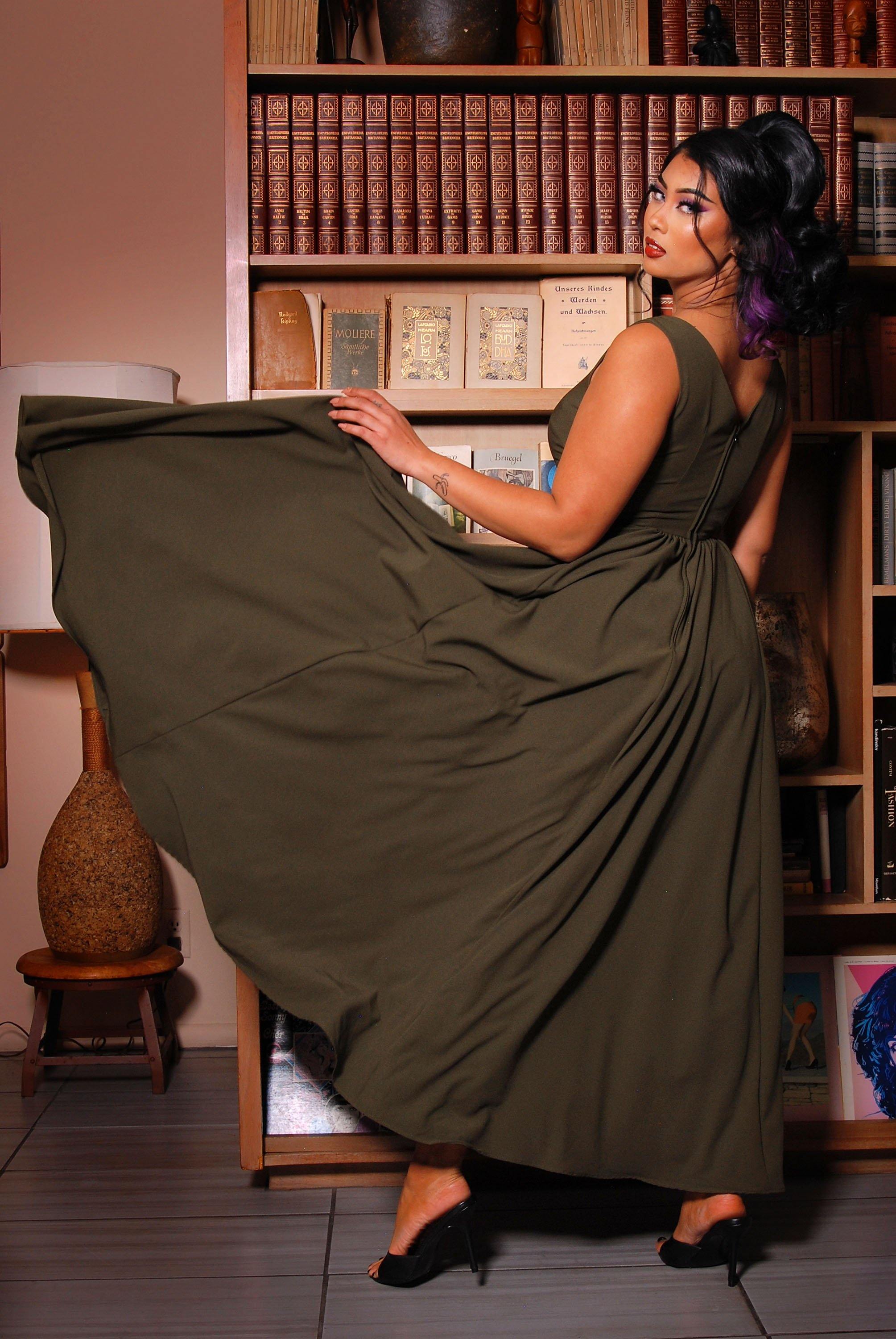 Tara Deep V-Neck 70s Maxi Dress in Solid Olive Stretch Crepe | Laura Byrnes-Tactilefable