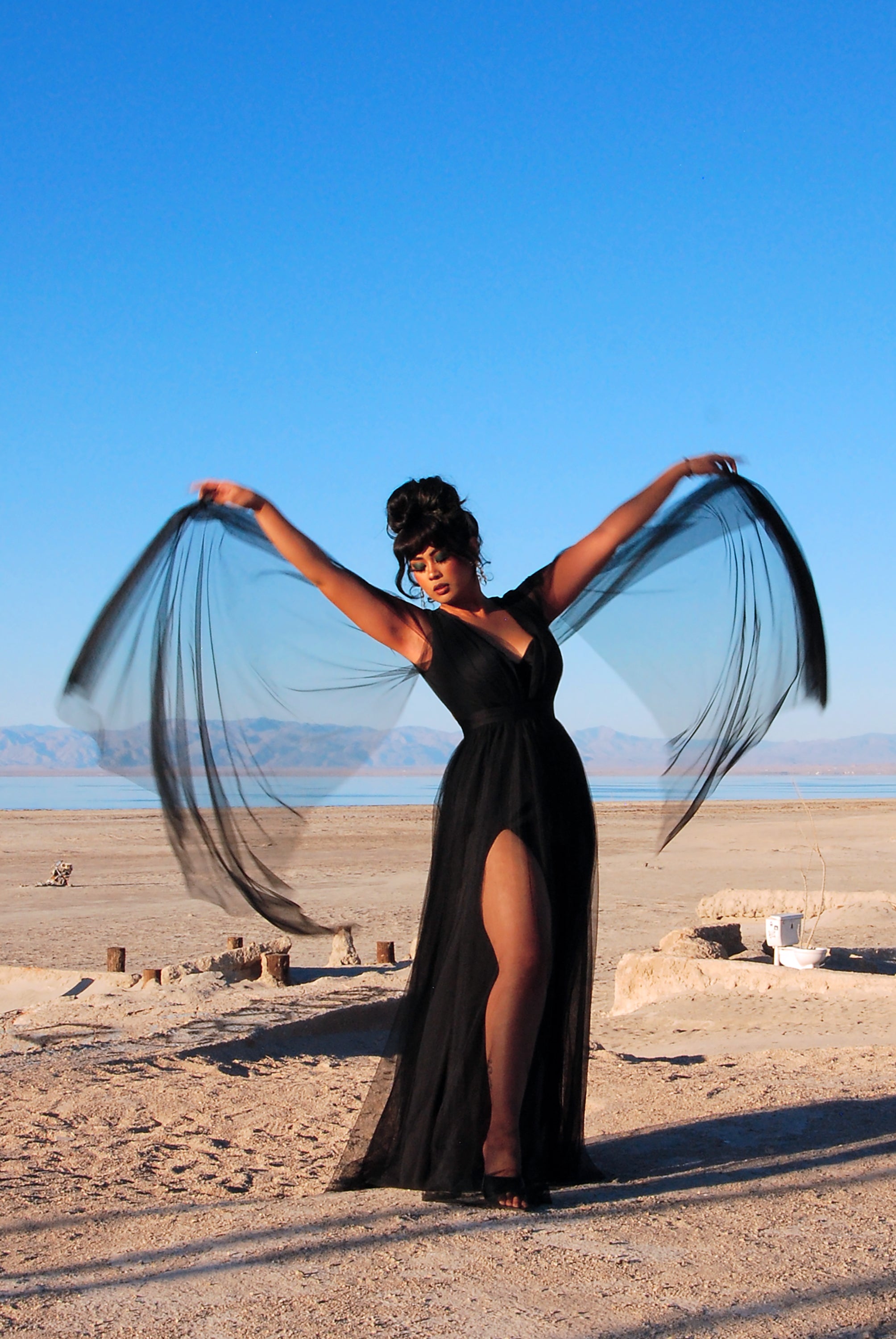 Gothic Glamour Bombshell Gown in Black with Floor Length Sheer Cape Sleeves | Pre-Order Ships September-TACTILEFABLE