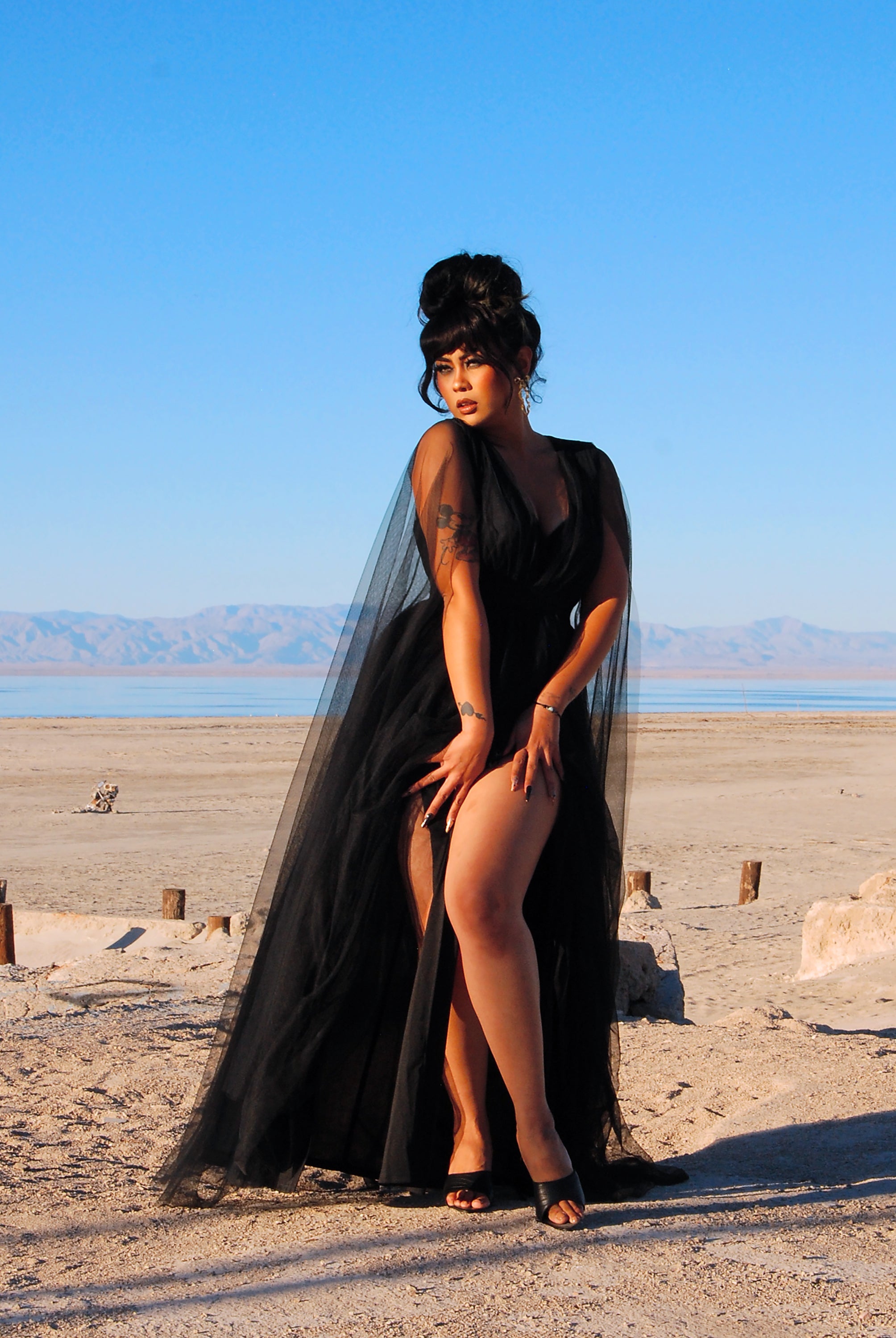 Gothic Glamour Bombshell Gown in Black with Floor Length Sheer Cape Sleeves | Pre-Order Ships September-TACTILEFABLE