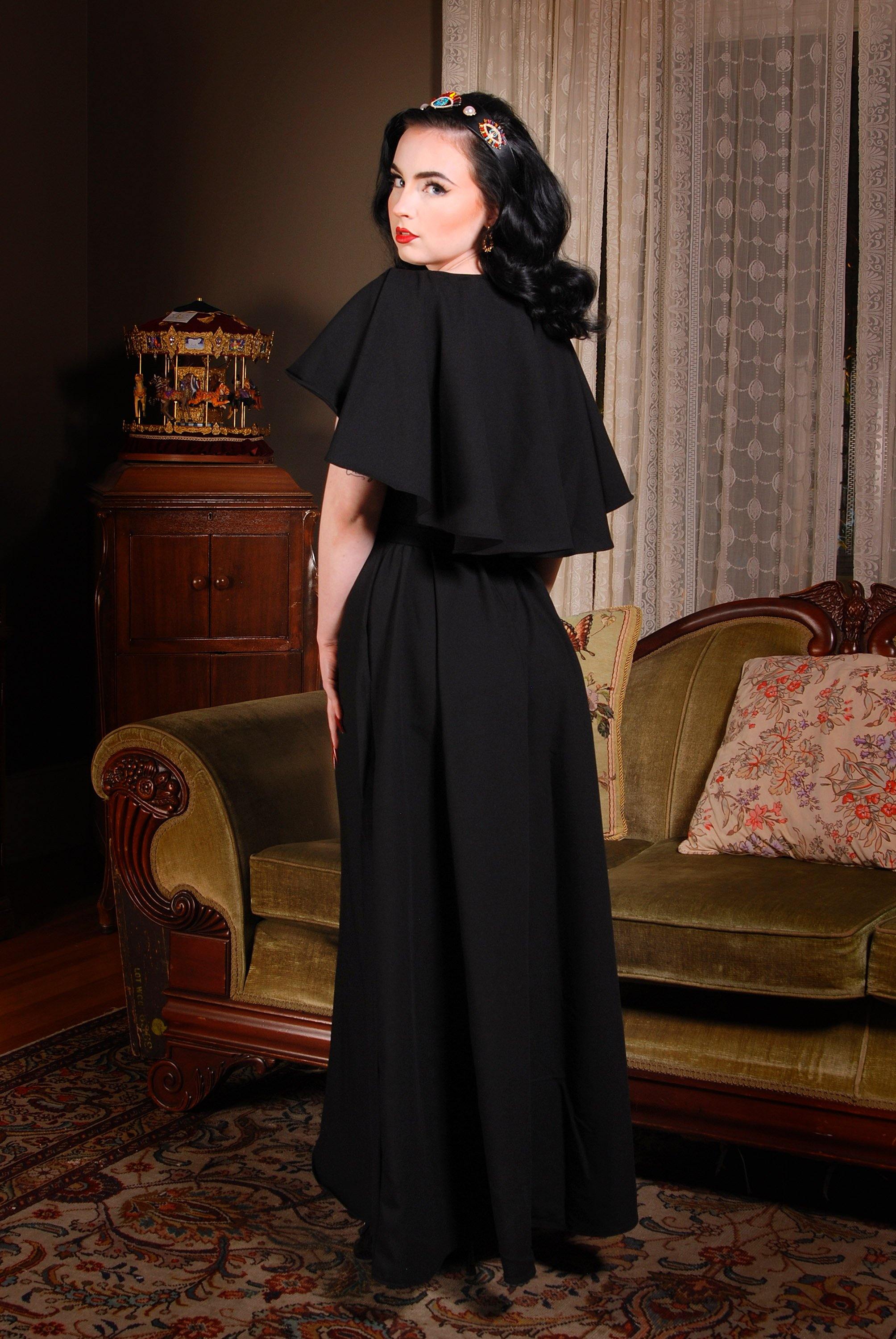 Ashley 70s Faux Wrap Maxi Dress with Cape Sleeves in Black Poly Crepe | Laura Byrnes-Tactilefable