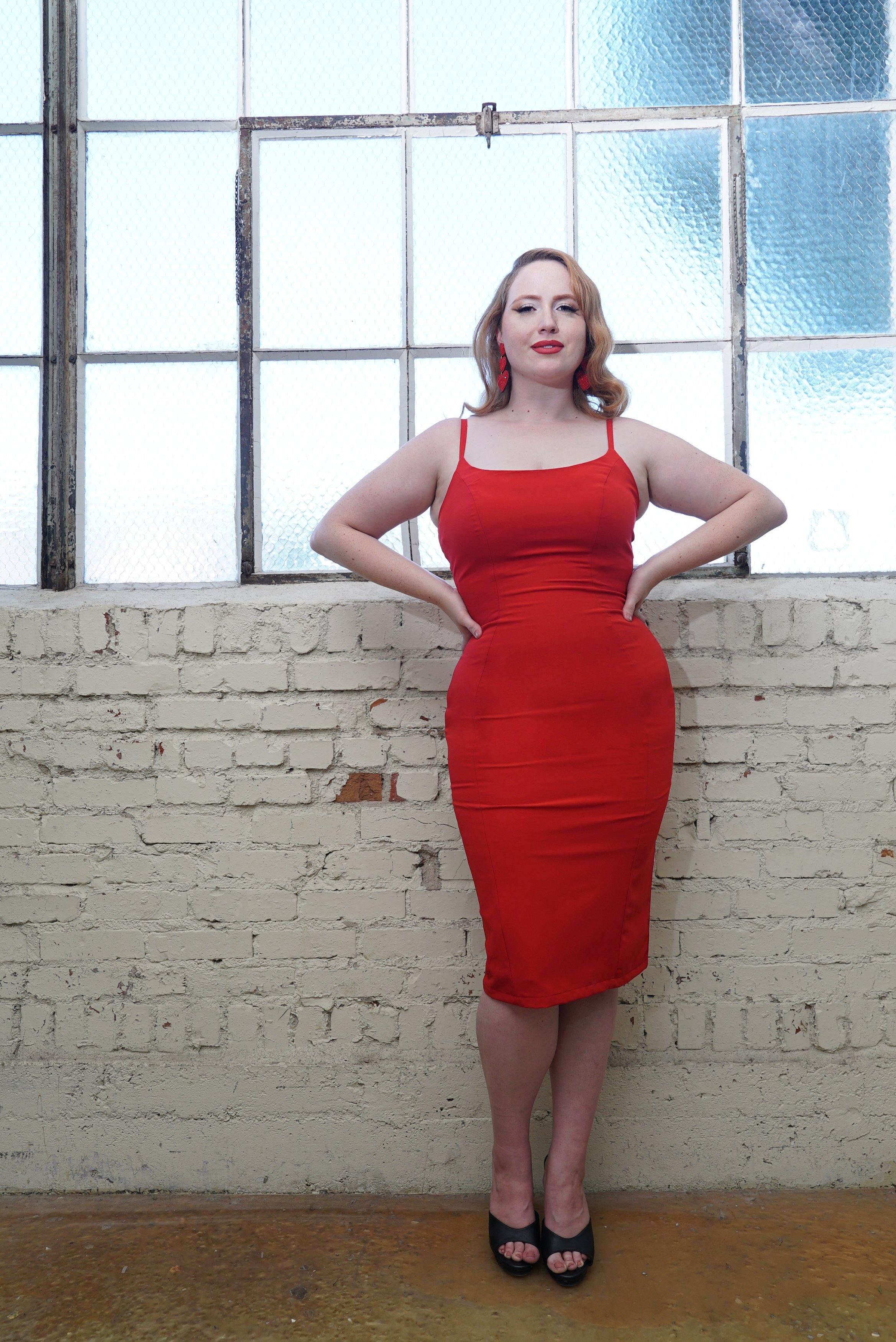 Jayne Wiggle Dress in Tomato Red Poly Crepe | Pinup Couture-Tactilefable