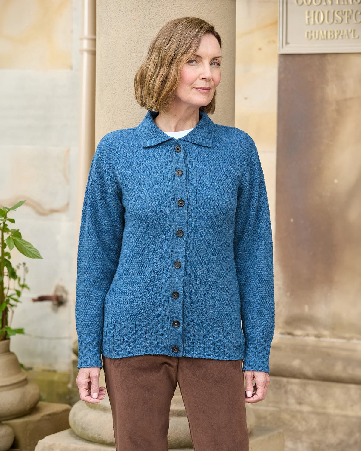 Ladies’ Pure Shetland Wool Cable Cardigan – Denim-Tactilefable