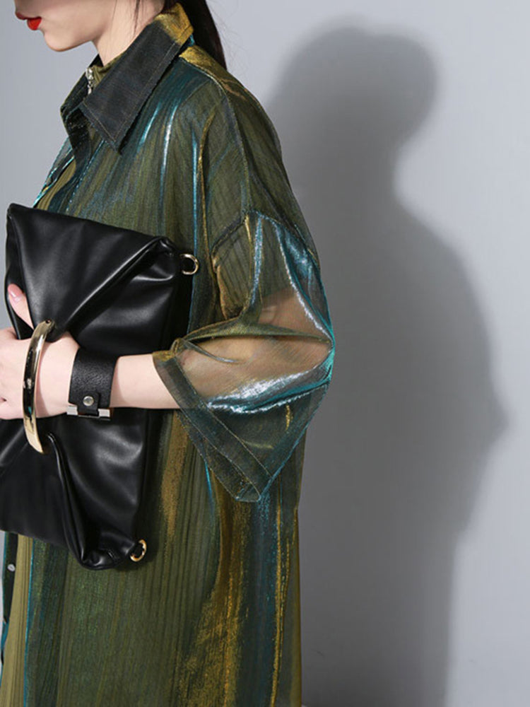 Reece Sheer Shimmer Shirt Dress | Marigold Shadows-Tactilefable