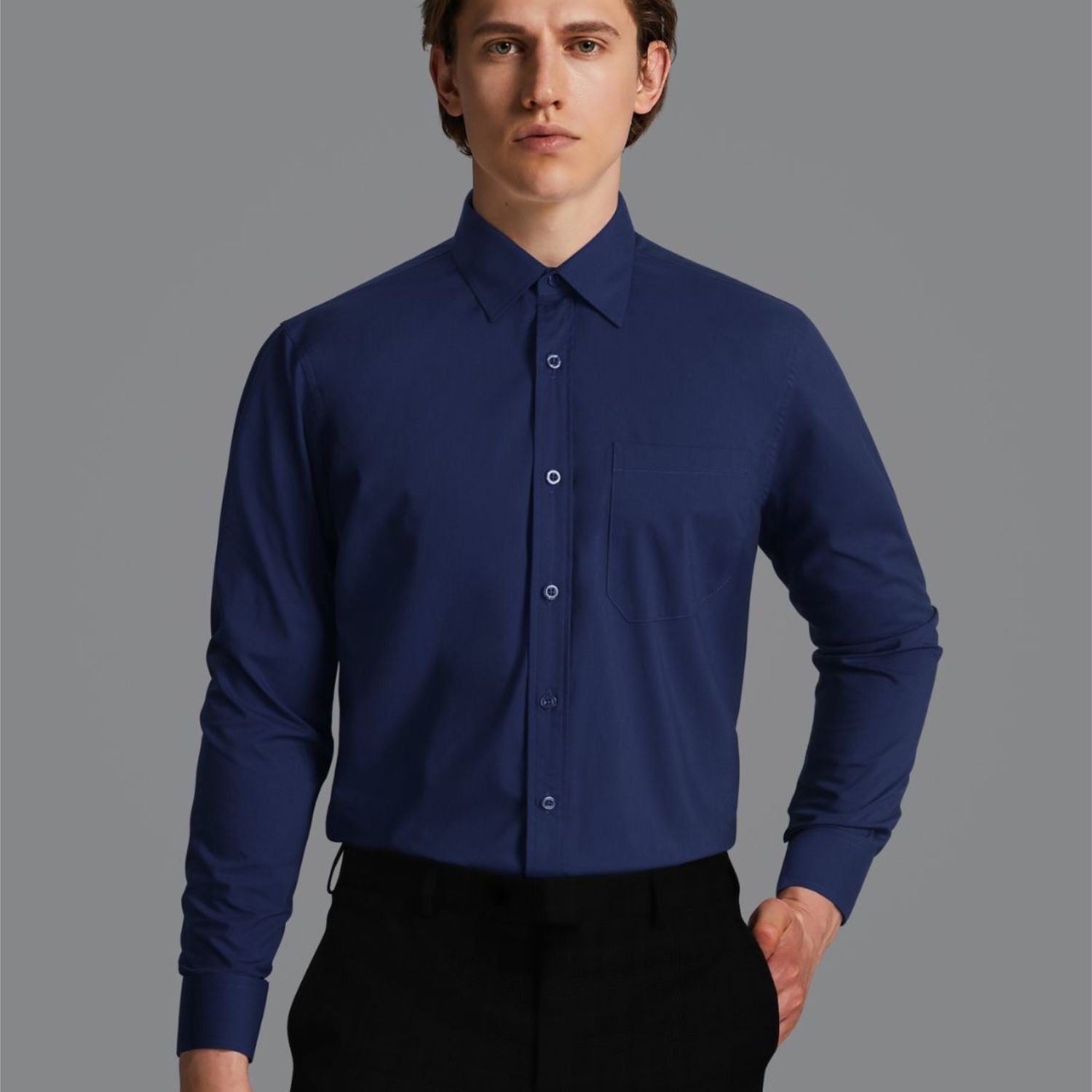  OfficeFlex Navy Blue Dress Shirt for Client Meetings-Tactilefable