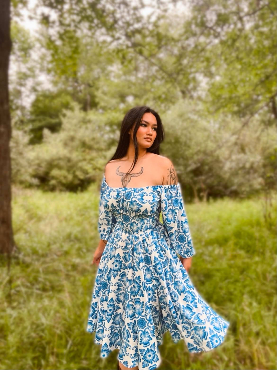 Marie-Therese Peasant Dress in Blue Noto Tile-Tactilefable