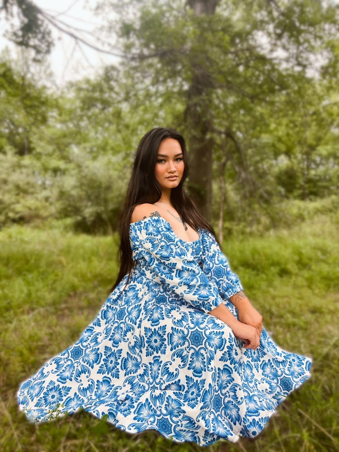 Marie-Therese Peasant Dress in Blue Noto Tile-Tactilefable