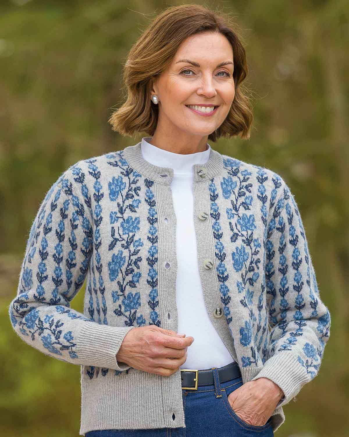 Melina Long Sleeved Floral Lambswool Cardigan - Grey-Tactilefable