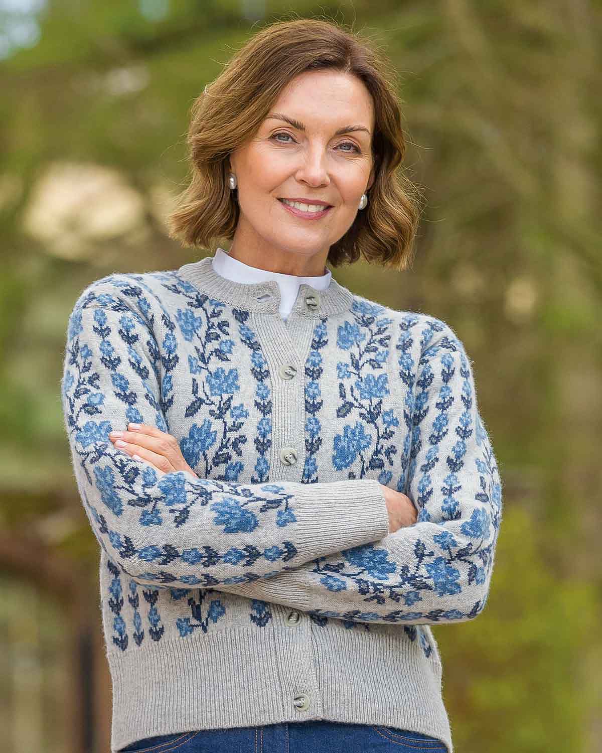 Melina Long Sleeved Floral Lambswool Cardigan - Grey-Tactilefable