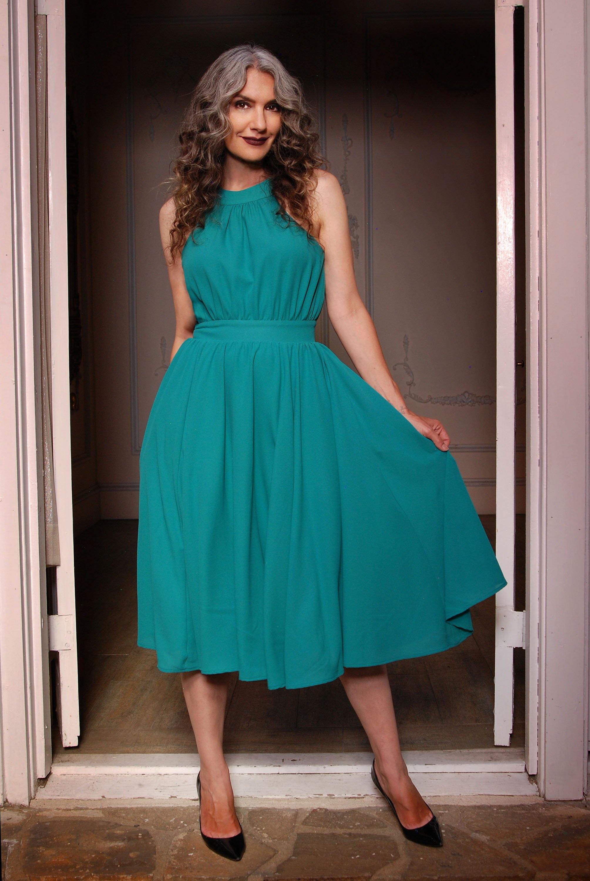 Maybelle Gathered Swing Dress in Solid Jade | Laura Byrnes-Tactilefable