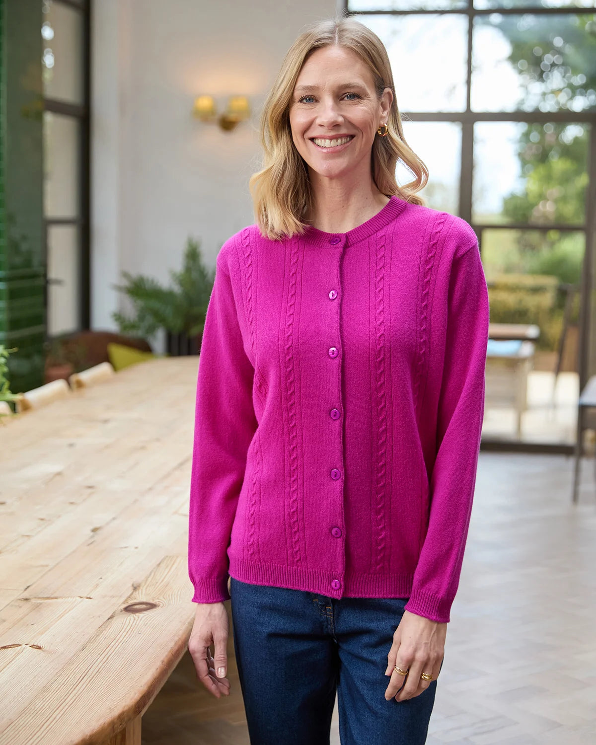 Ladies’ Pure Lambswool Cable Knit Cardigan – Magenta-Tactilefable