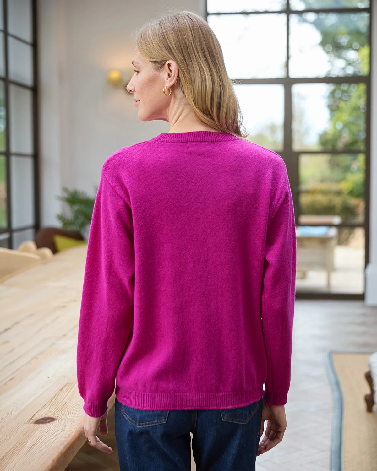 Ladies’ Pure Lambswool Cable Knit Cardigan – Magenta-Tactilefable