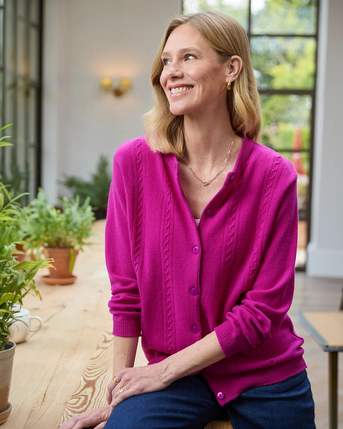 Ladies’ Pure Lambswool Cable Knit Cardigan – Magenta-Tactilefable