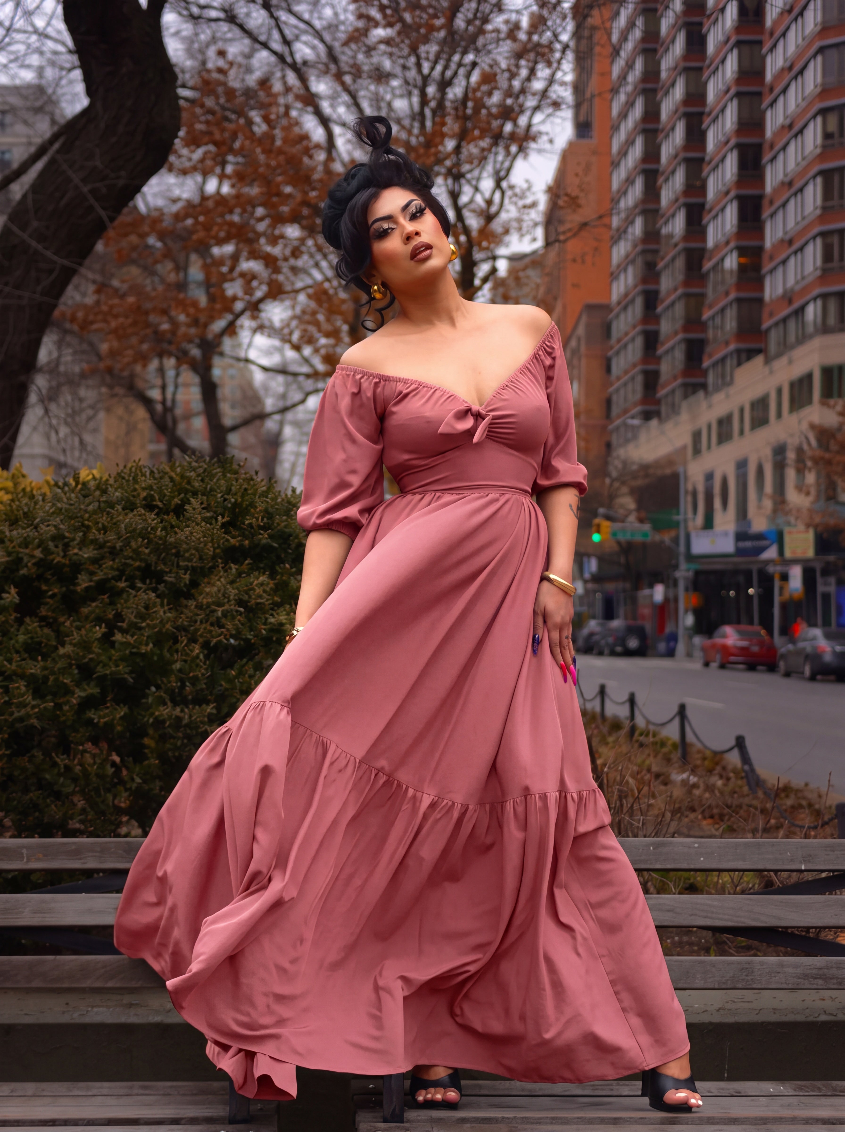 Molly Cottage 70s Maxi Gown in Mulberry Pink-Tactilefable