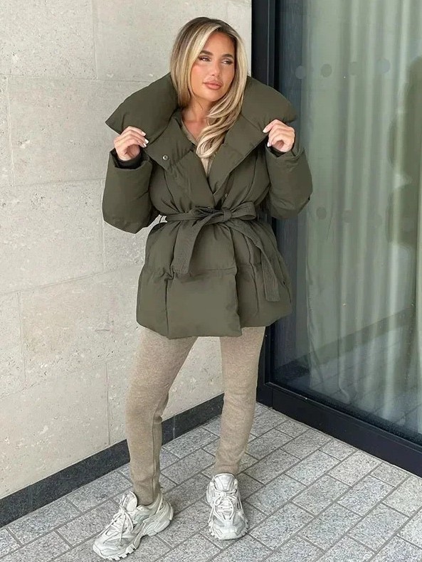 Mid Length Belted Puffer Jacket Women Casual Coat, Water Repellent Women  Ladies Classic Quilted Outerwear Winter Coat Big Pocket-TACTILEFABLE