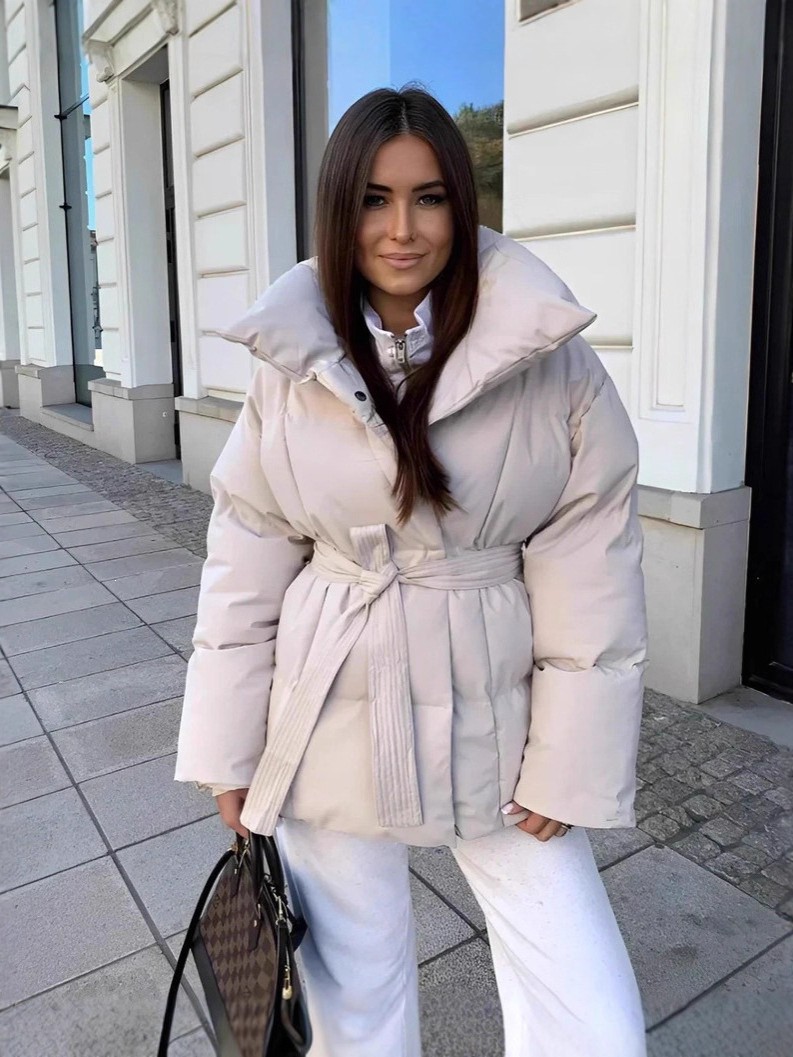 Mid Length Belted Puffer Jacket Women Casual Coat, Water Repellent Women  Ladies Classic Quilted Outerwear Winter Coat Big Pocket-TACTILEFABLE