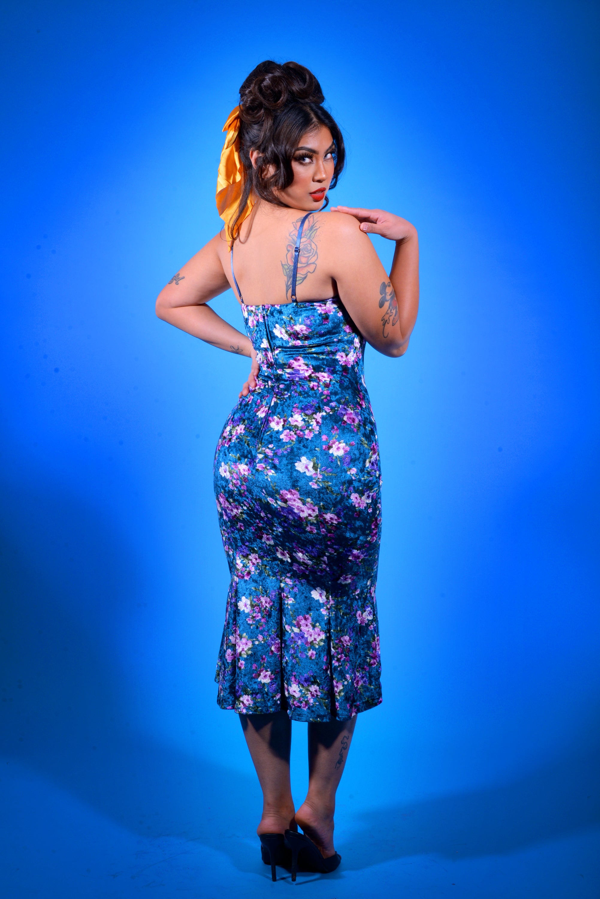 Venus Midi Slip Dress in Blue Floral Velvet | Laura Byrnes Designs-Tactilefable