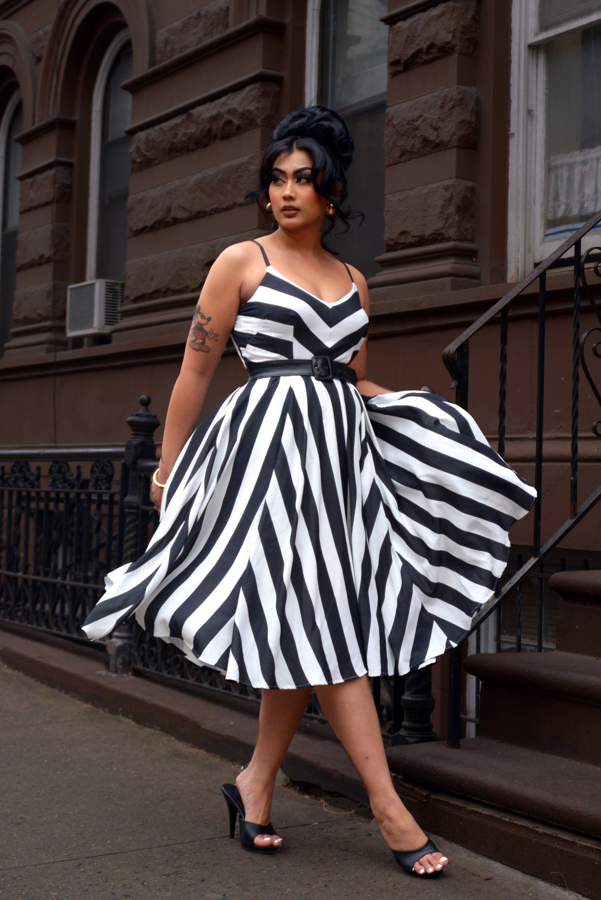 Amalie Ballerina 70's Style Swing Dress in Black & White Mark Stripe Crepe-Tactilefable