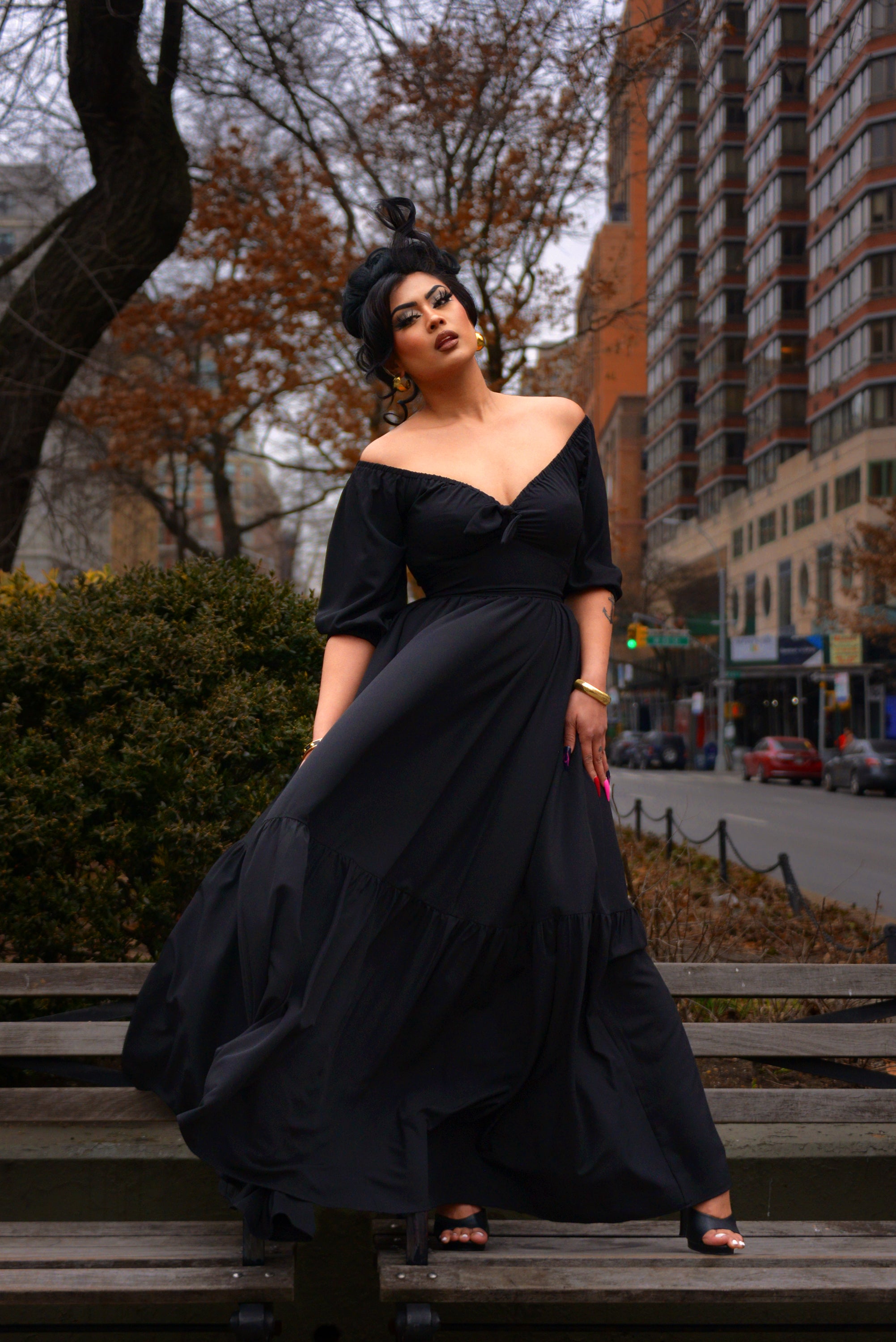 Molly Vintage Gothic 70s Maxi Gown in Solid Black-Tactilefable