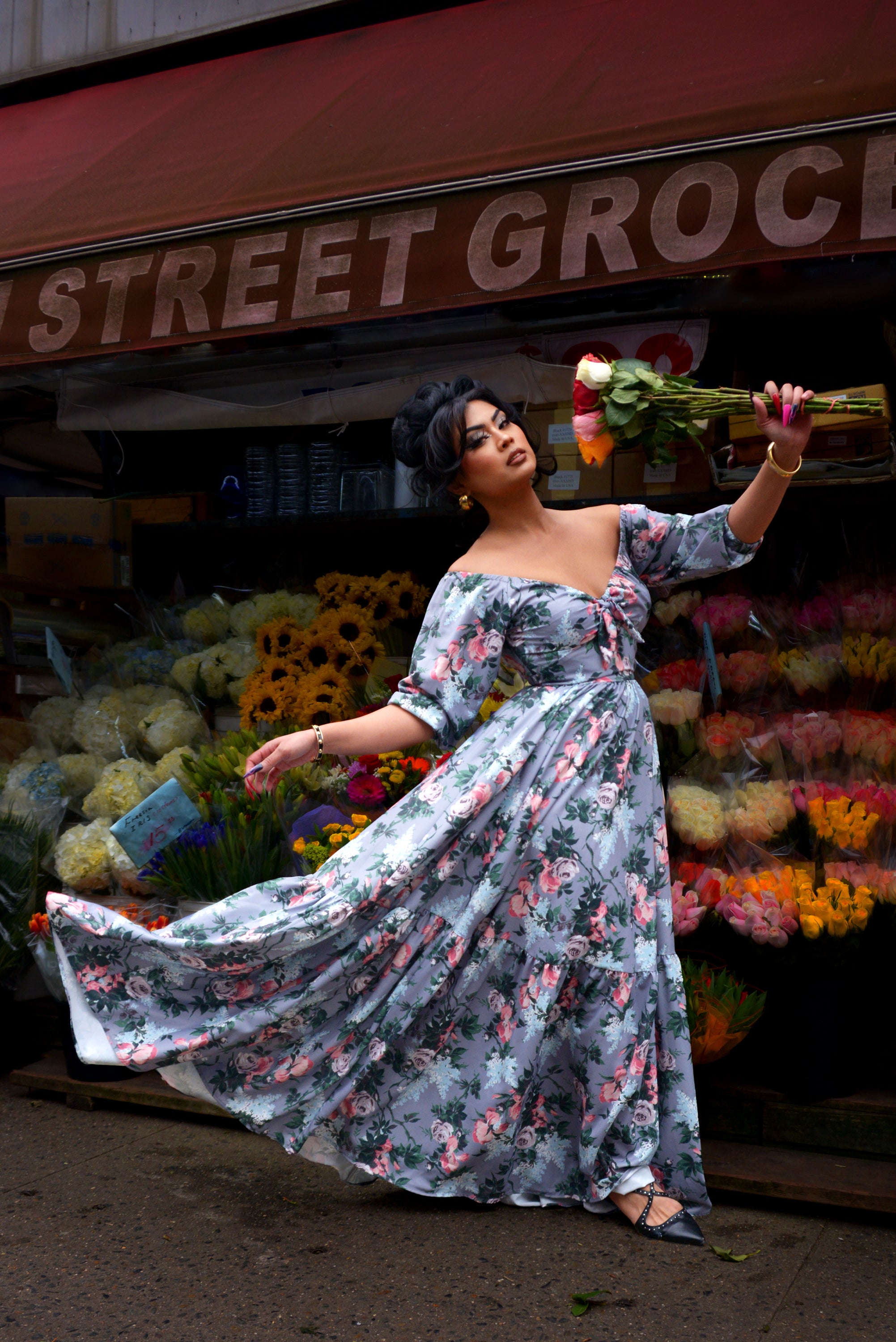 Molly 70s Floral Vintage Maxi Gown in J'adore Paris Bella Roses Print-Tactilefable