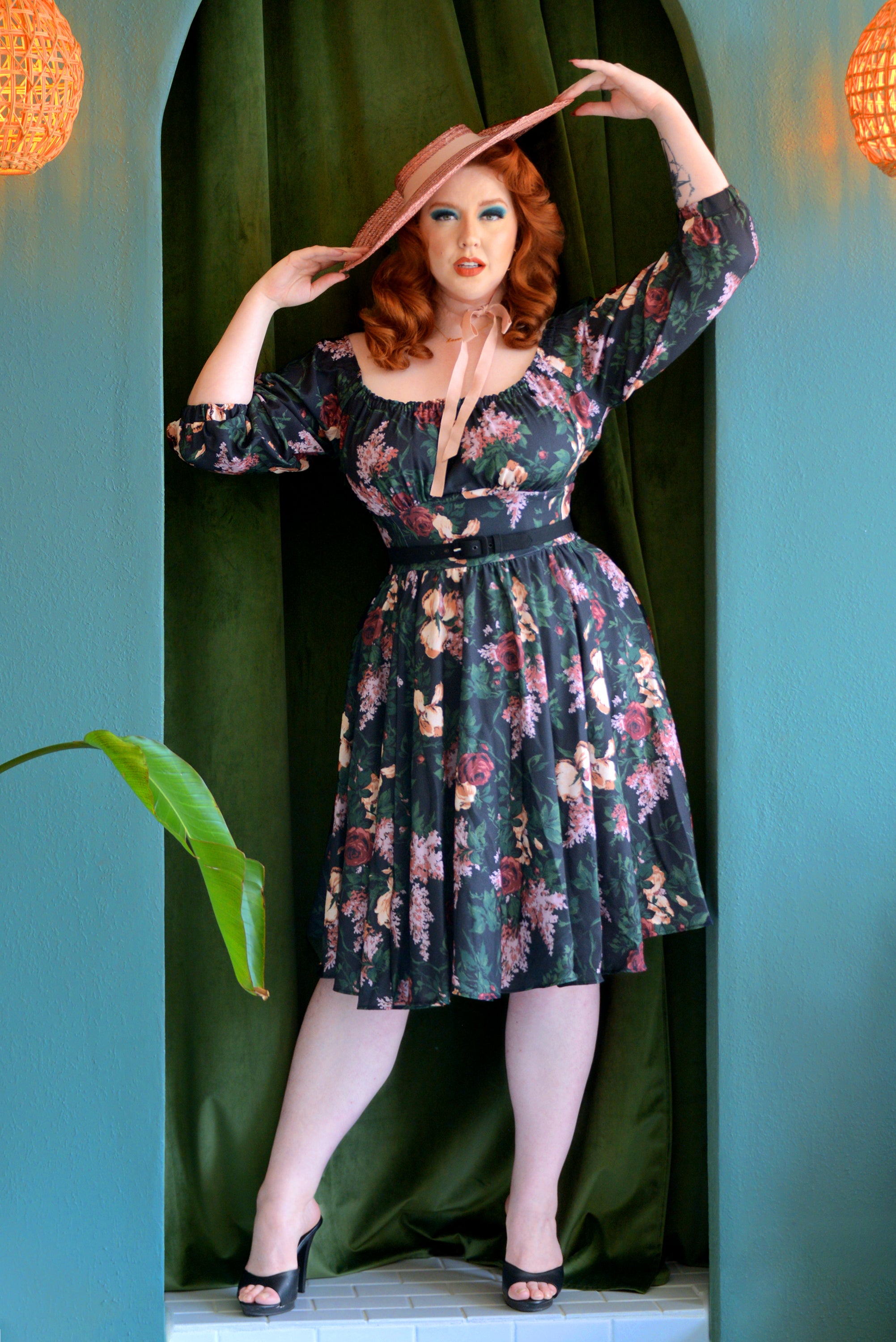 Marie-Therese Peasant Dress in Dark Bella Roses Crepe-Tactilefable