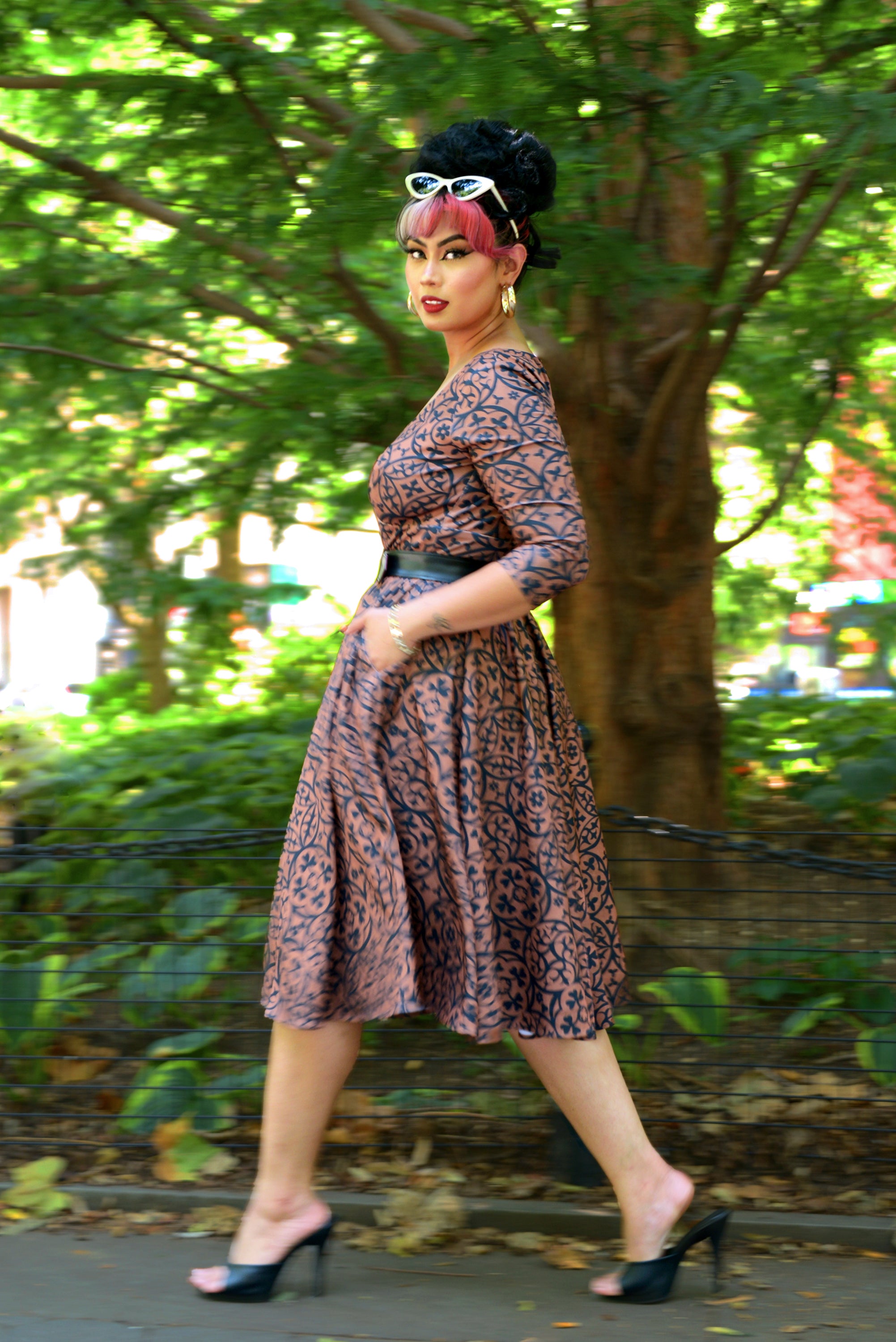 Priscilla Swing Dress in Gold and Black Medallions Print Stretch Twill-Tactilefable
