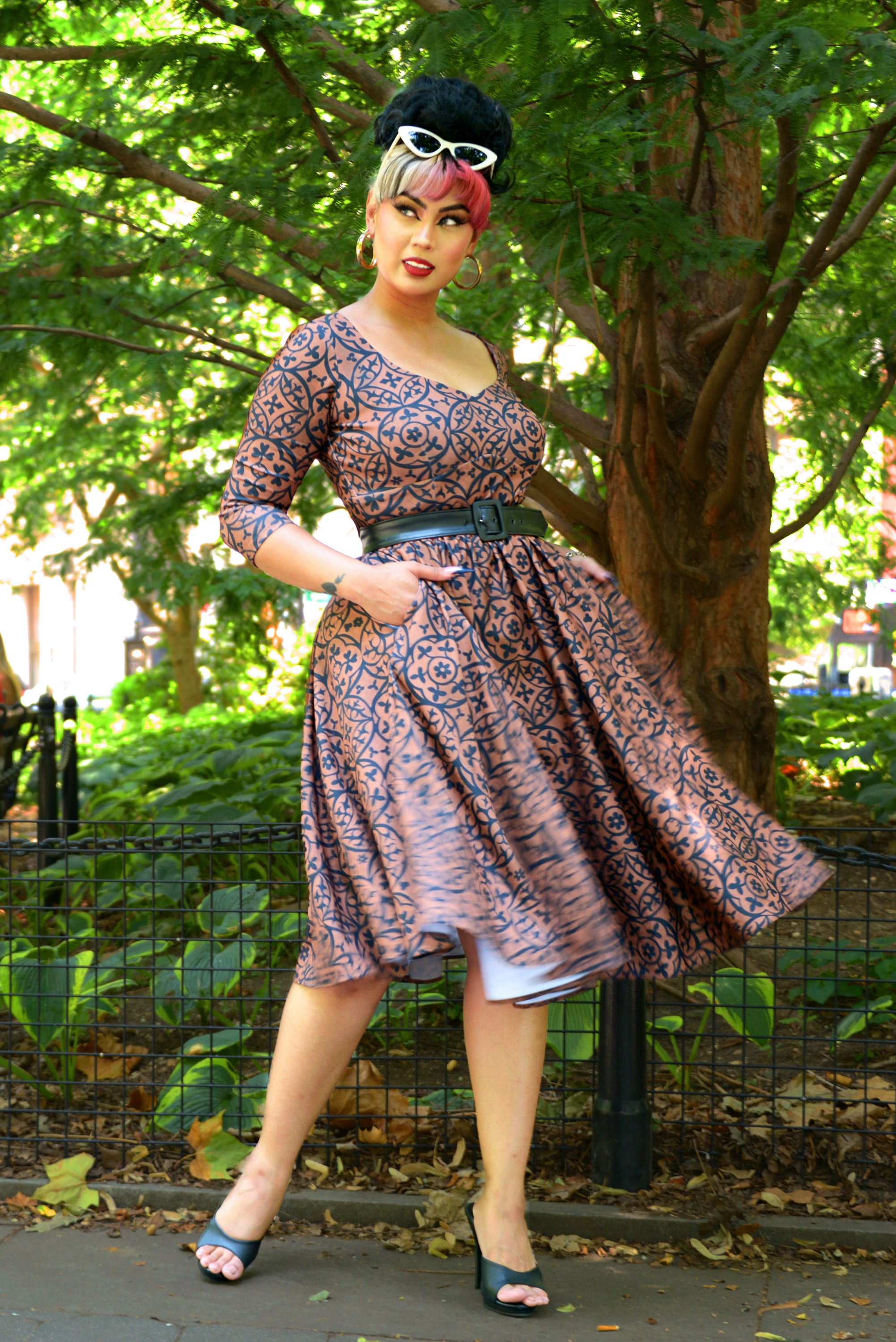 Priscilla Swing Dress in Gold and Black Medallions Print Stretch Twill-Tactilefable