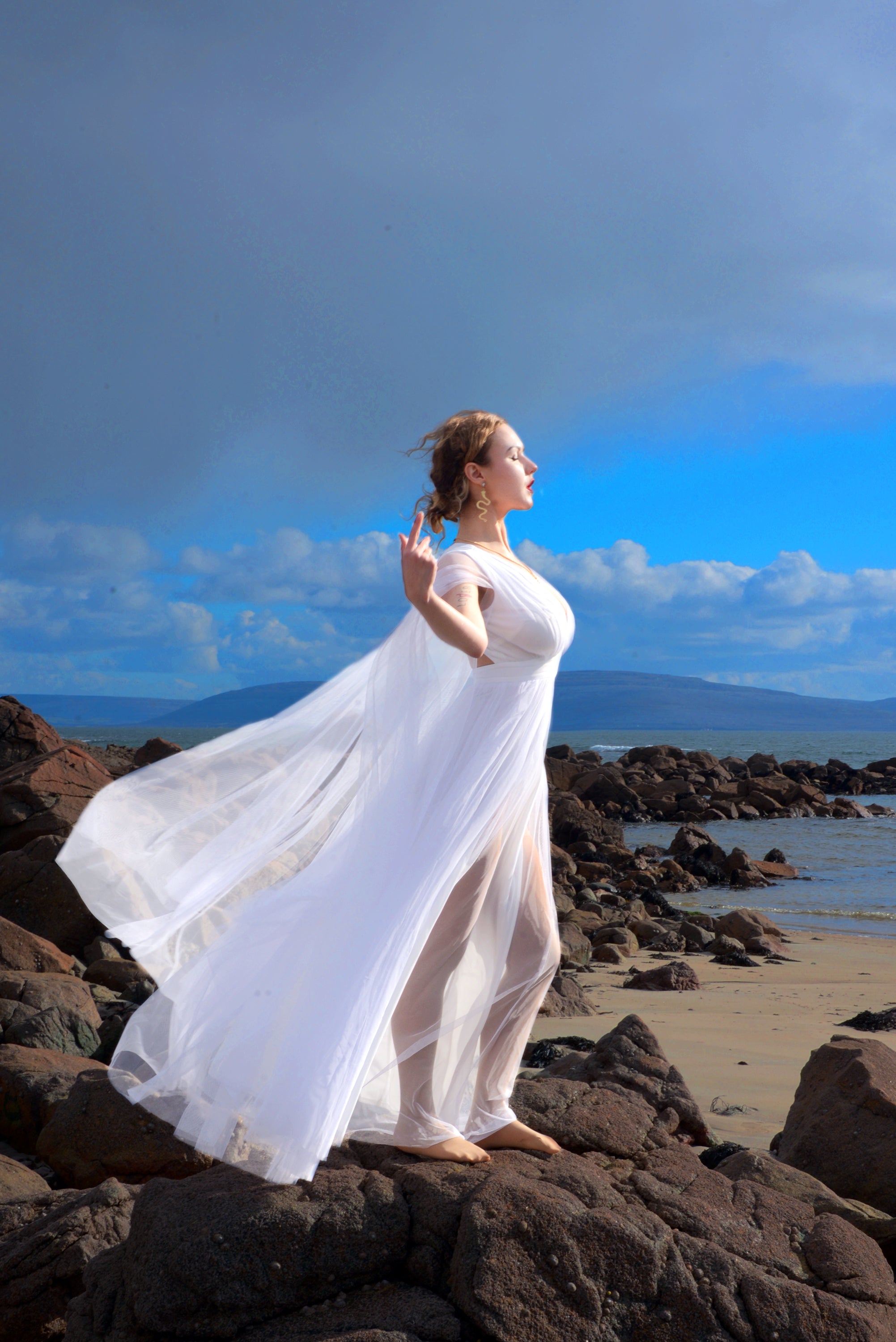 Bombshell Plunge Maxi Gown in Wedding White with Sheer Mesh Sleeves | Gothic Glamour-Tactilefable
